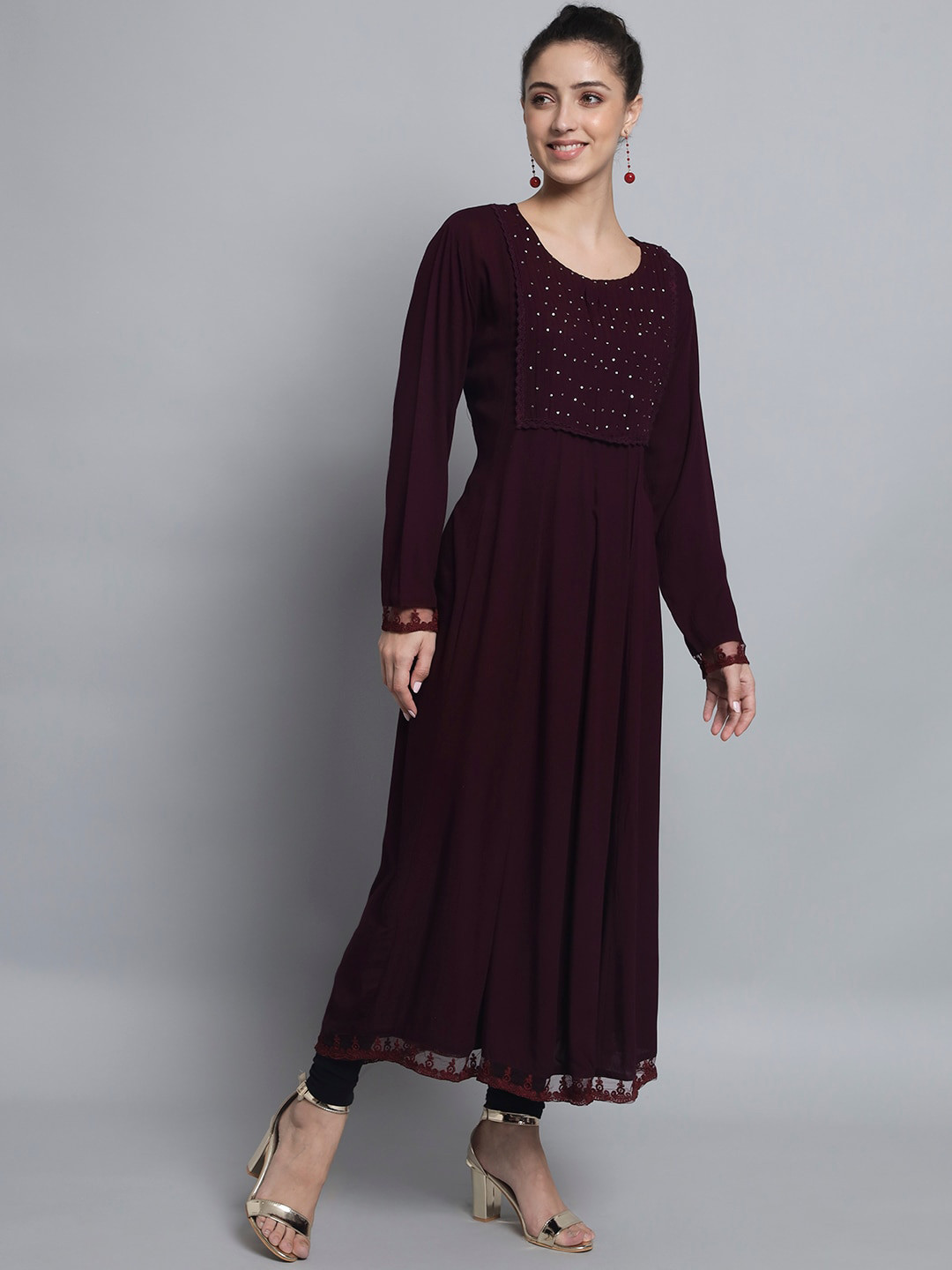 

Silai Bunai Women Purple Yoke Design Sequinned Kurta with Churidar & Dupatta