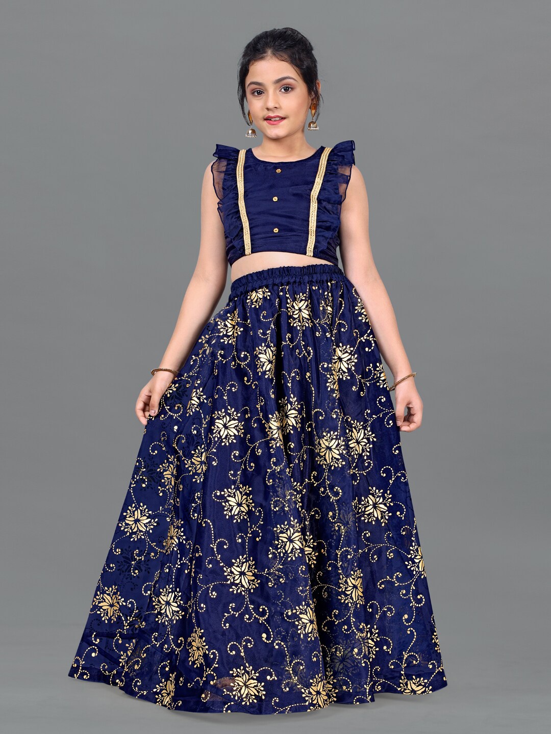 

FASHION DREAM Girls Navy Blue & Gold Printed Ready to Wear Lehenga Set
