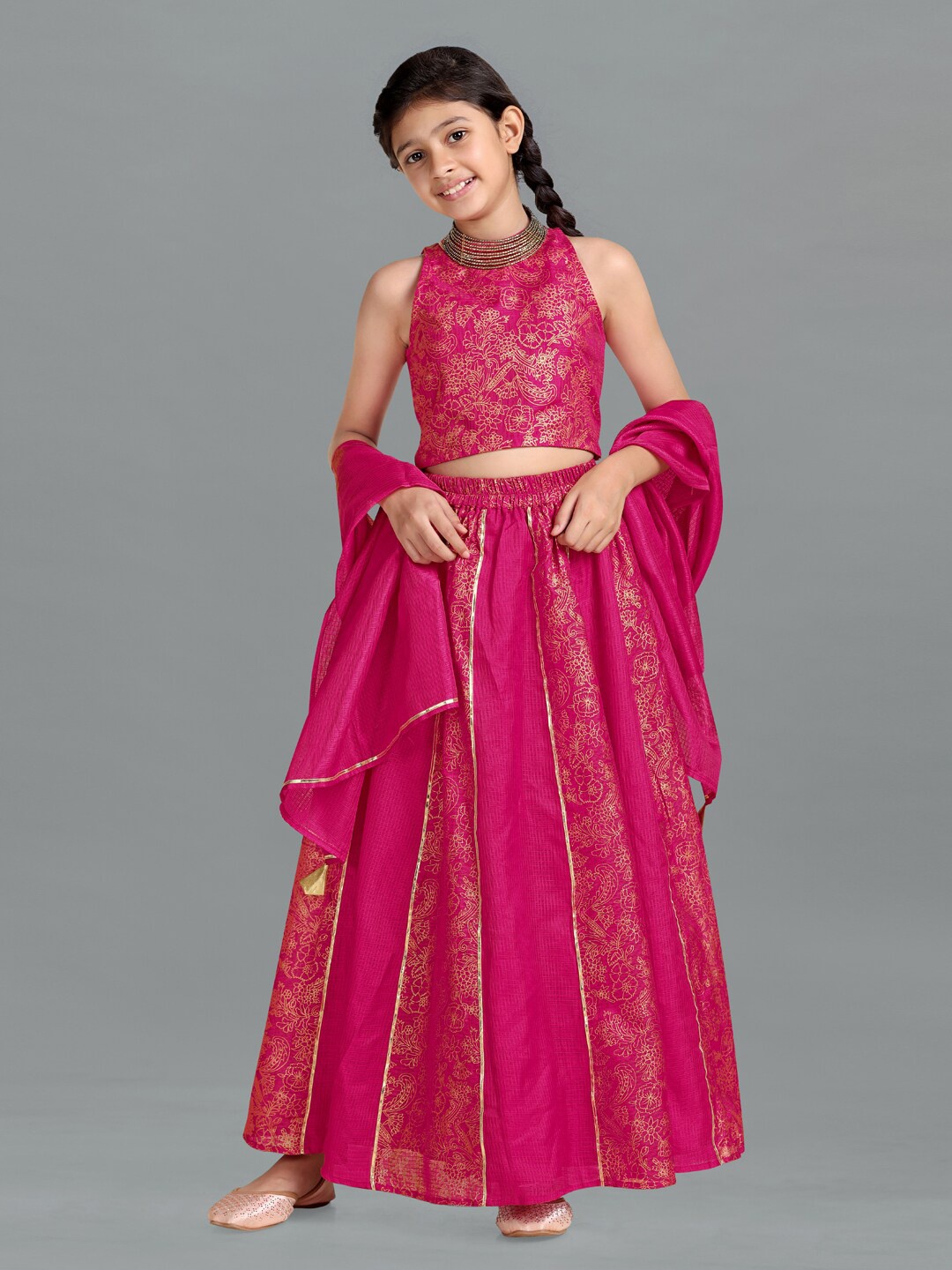 

FASHION DREAM Girls Pink & Gold-Toned Printed Ready to Wear Lehenga & Blouse With Dupatta