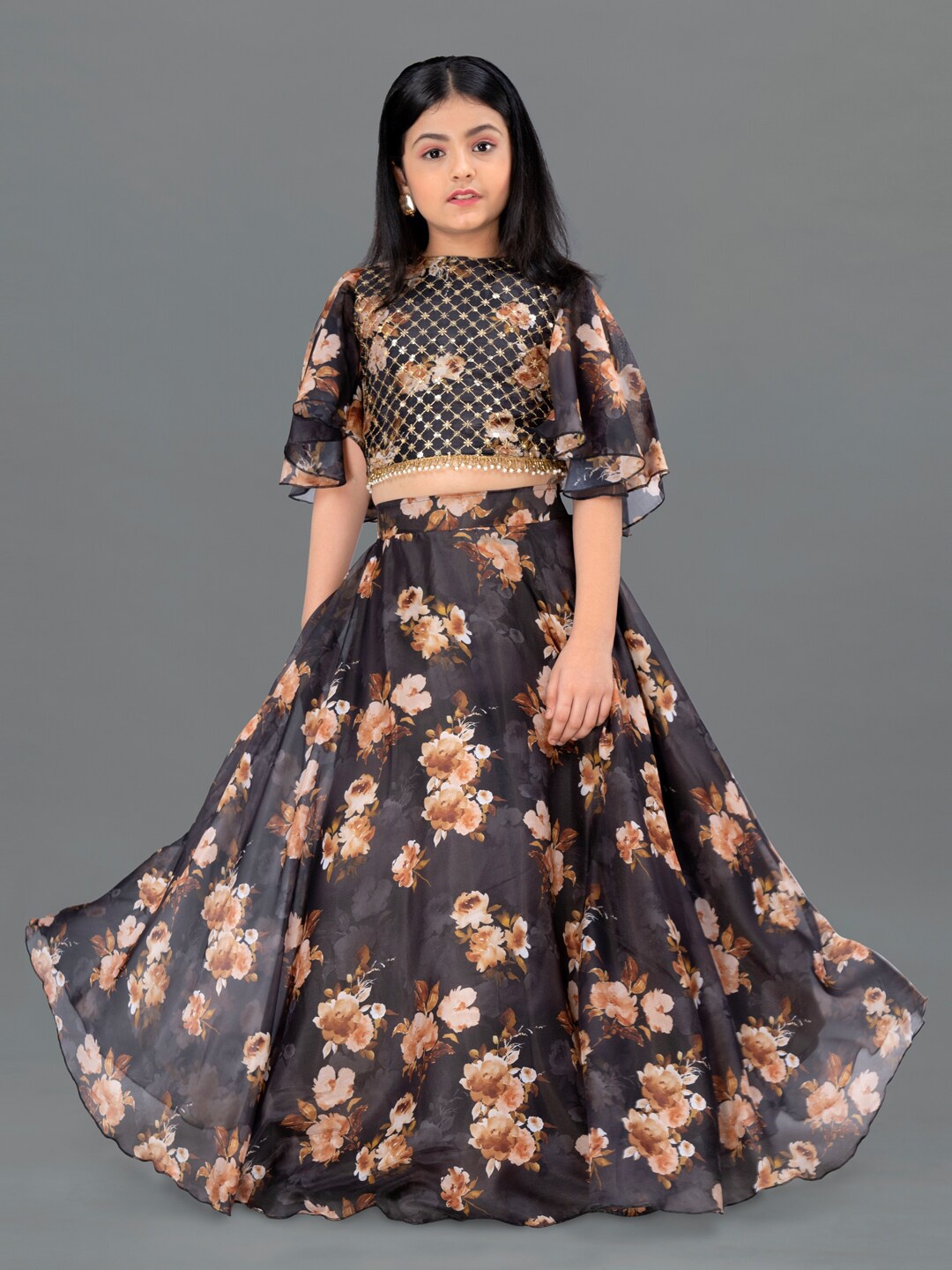 

FASHION DREAM Girls Black & Brown Embroidered Ready to Wear Lehenga Choli
