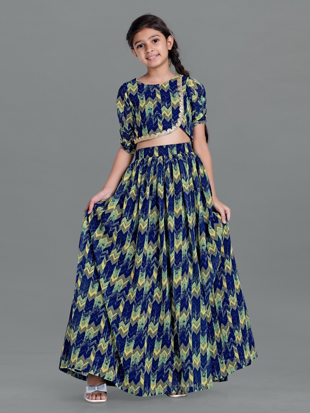 

FASHION DREAM Girls Navy Blue & Green Printed Lehenga Choli