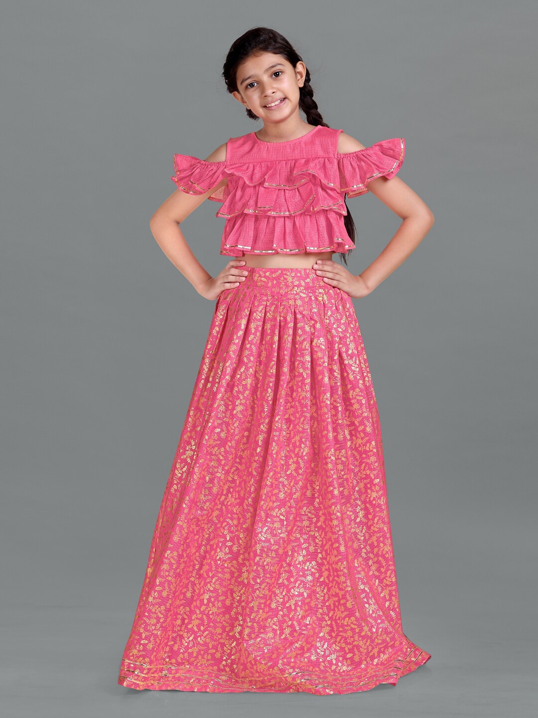 

FASHION DREAM Girls Pink & Gold-Toned Embellished Ready to Wear Lehenga Set