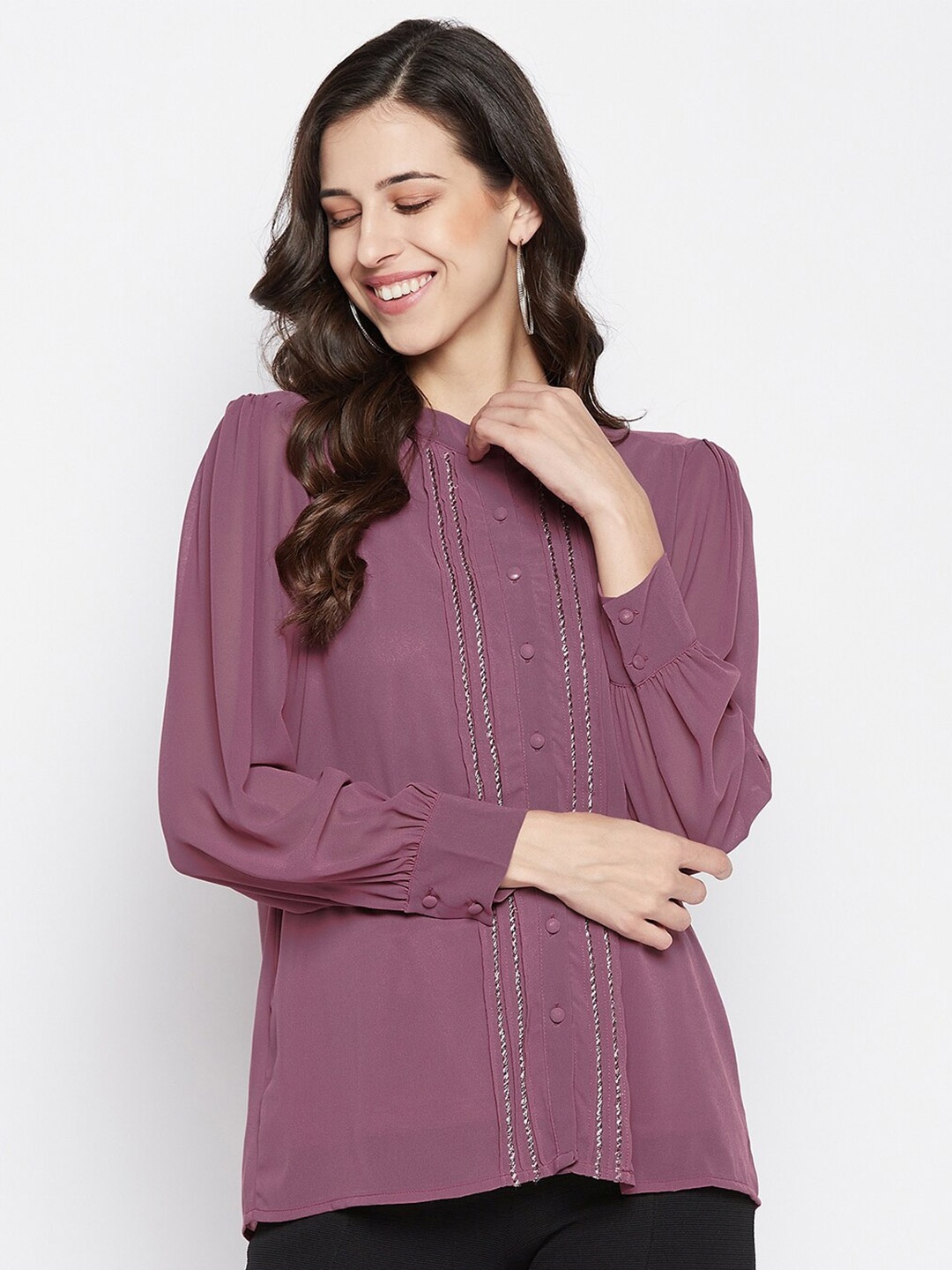 

Madame Women Pink Solid Mandarin Collar Shirt Style Top