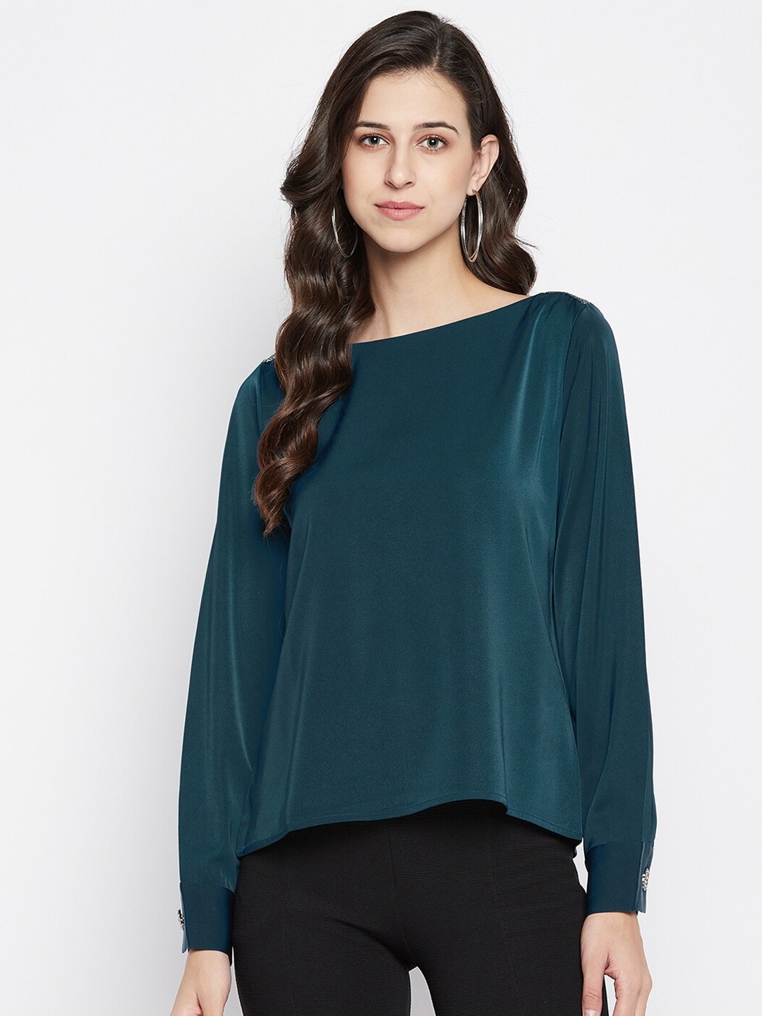 

Madame Women Boat Neck Cuffed Sleeves Top, Teal