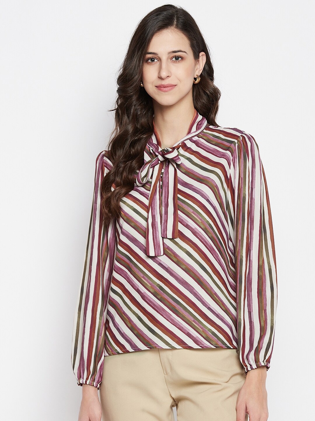 

Madame Women Off White Striped Tie-Up Neck Top