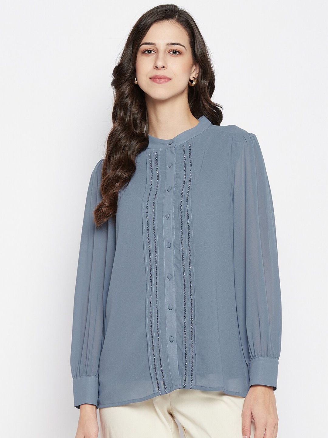 

Madame Women Blue Mandarin Collar Shirt Style Top