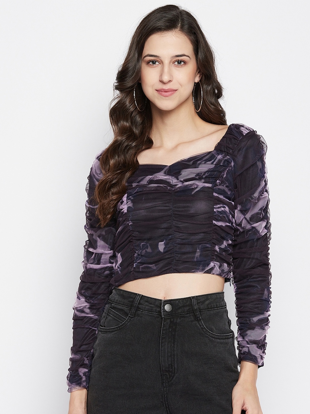 

Madame Women Navy Blue & Purple Printed Sweetheart Neck Crop Top