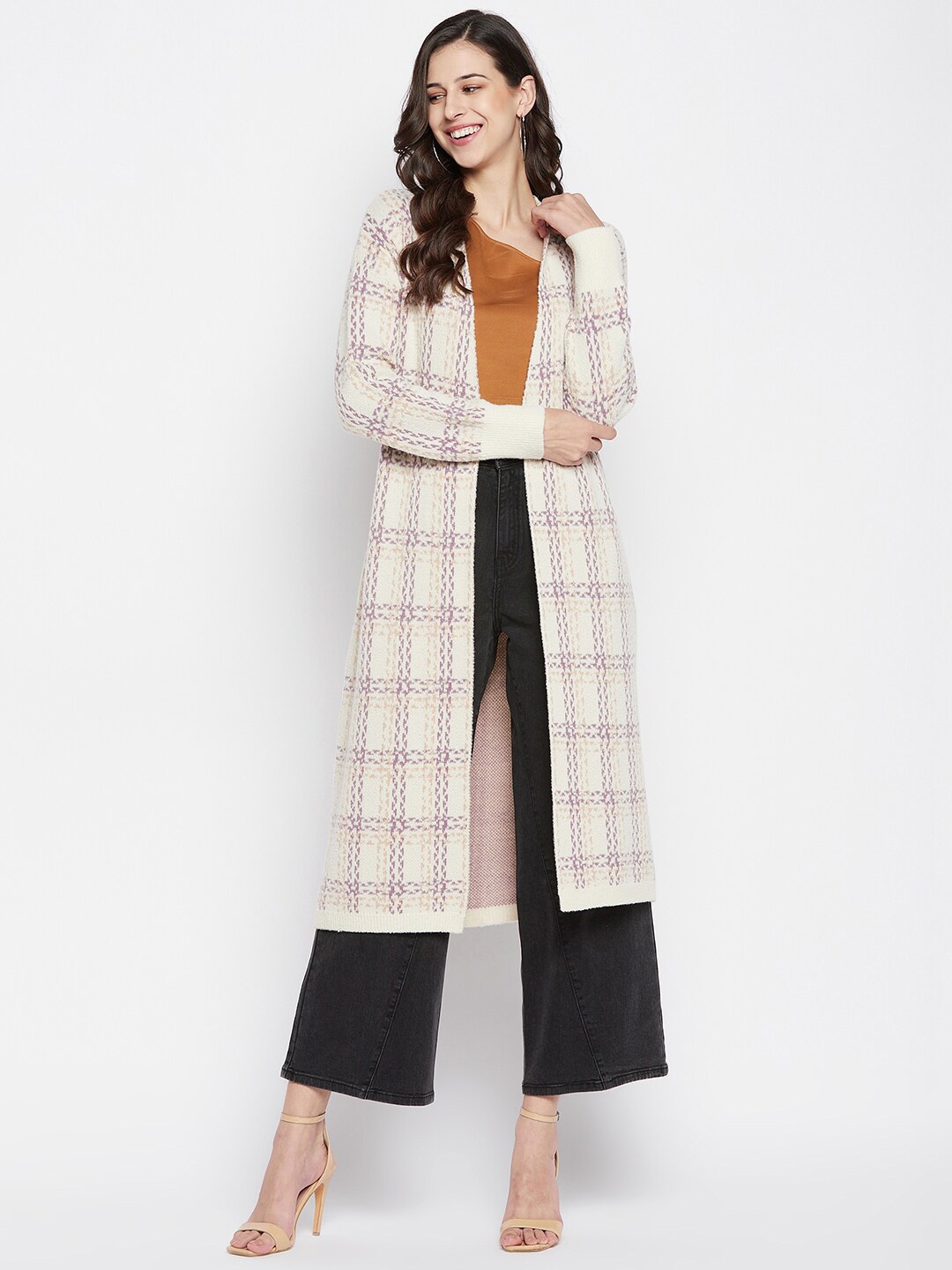 

Madame Women Off White & Purple Checked Longline