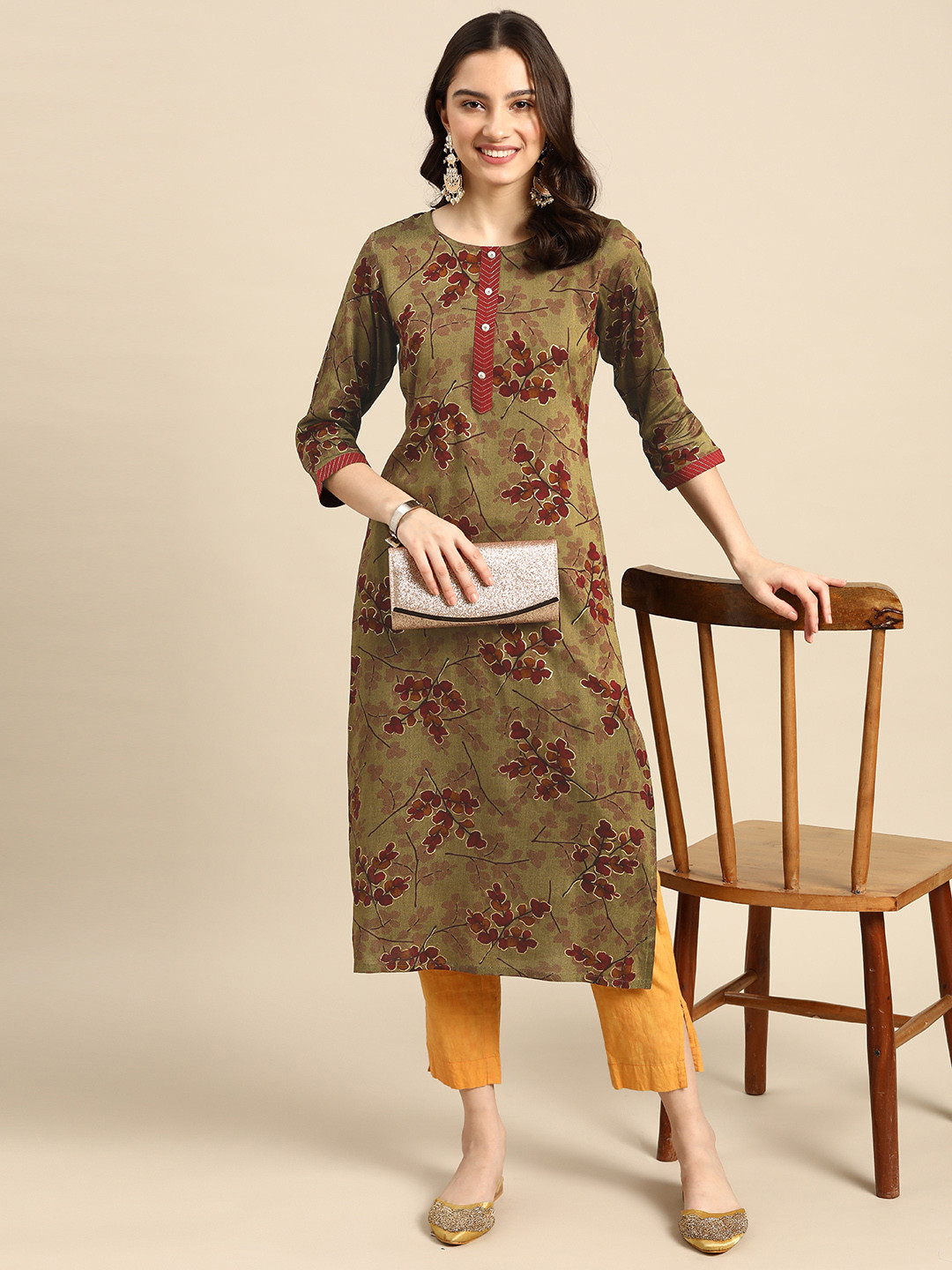 

Sangria Women Maroon & Olive Green Floral Kurta