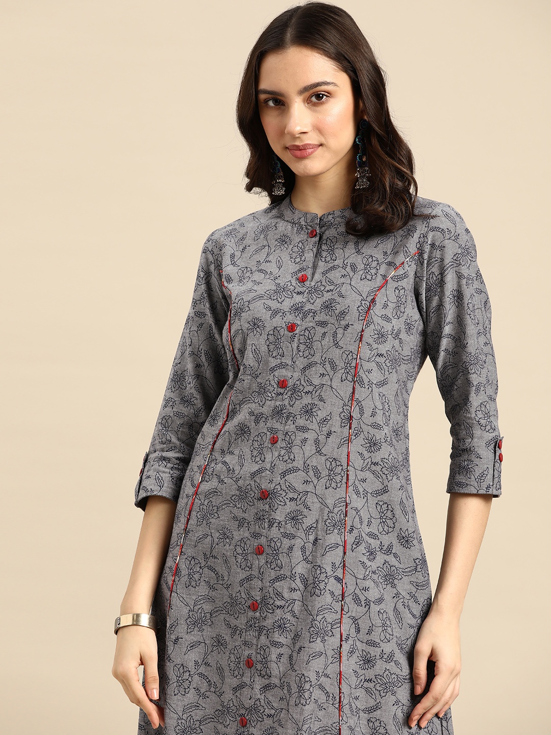 

Sangria Women Grey & Navy Blue Floral Kurta