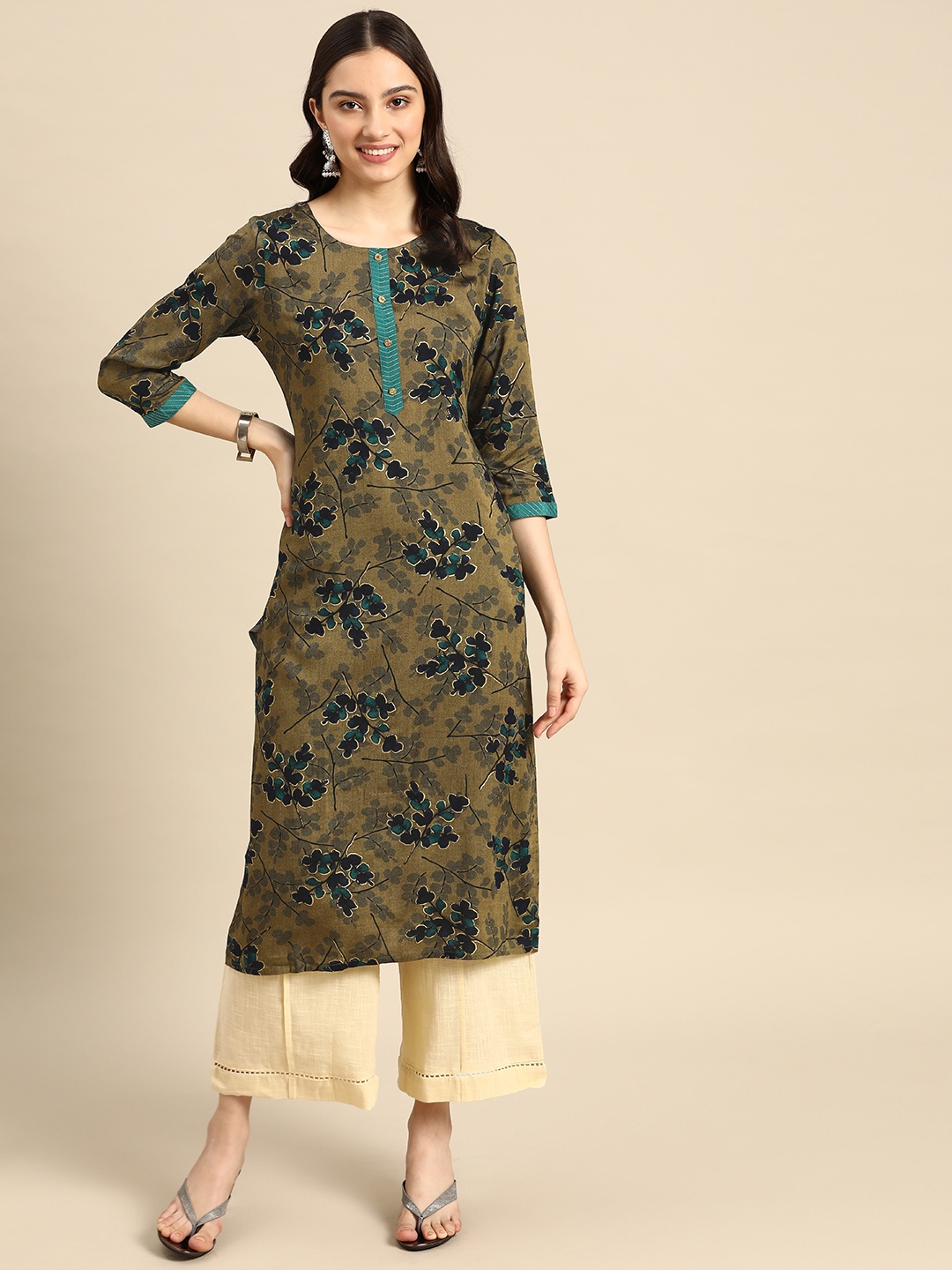 

Sangria Women Olive Green & Navy Blue Floral Kurta