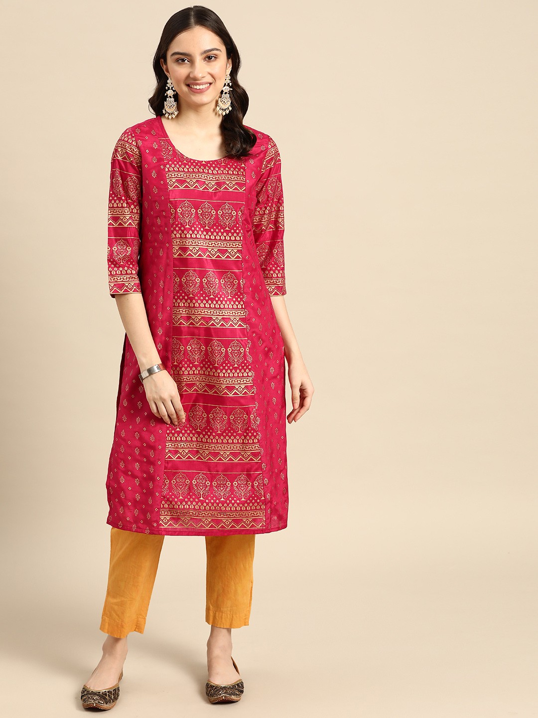 

Sangria Women Fuchsia & Gold-Toned Ethnic Motifs Printed Kurta