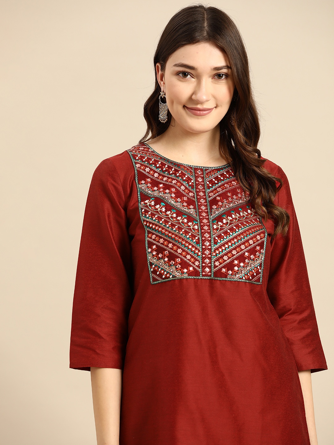 

Sangria Women Maroon Ethnic Motifs Embroidered Mirror Work Kurta