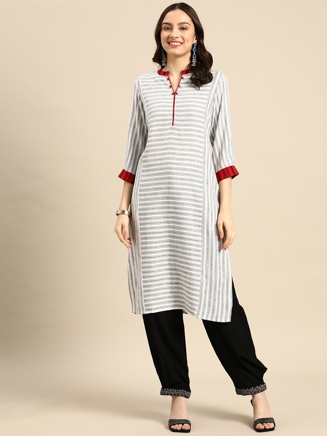 

Sangria Women White Striped Calf Length Kurta