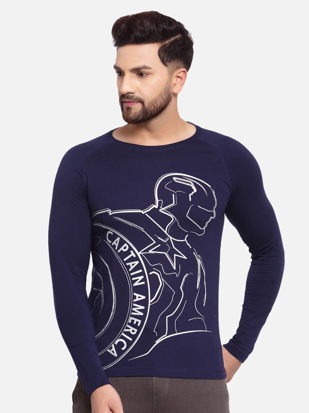 

SPORTO Men Navy Blue Captain America Printed Slim Fit Cotton T-shirt