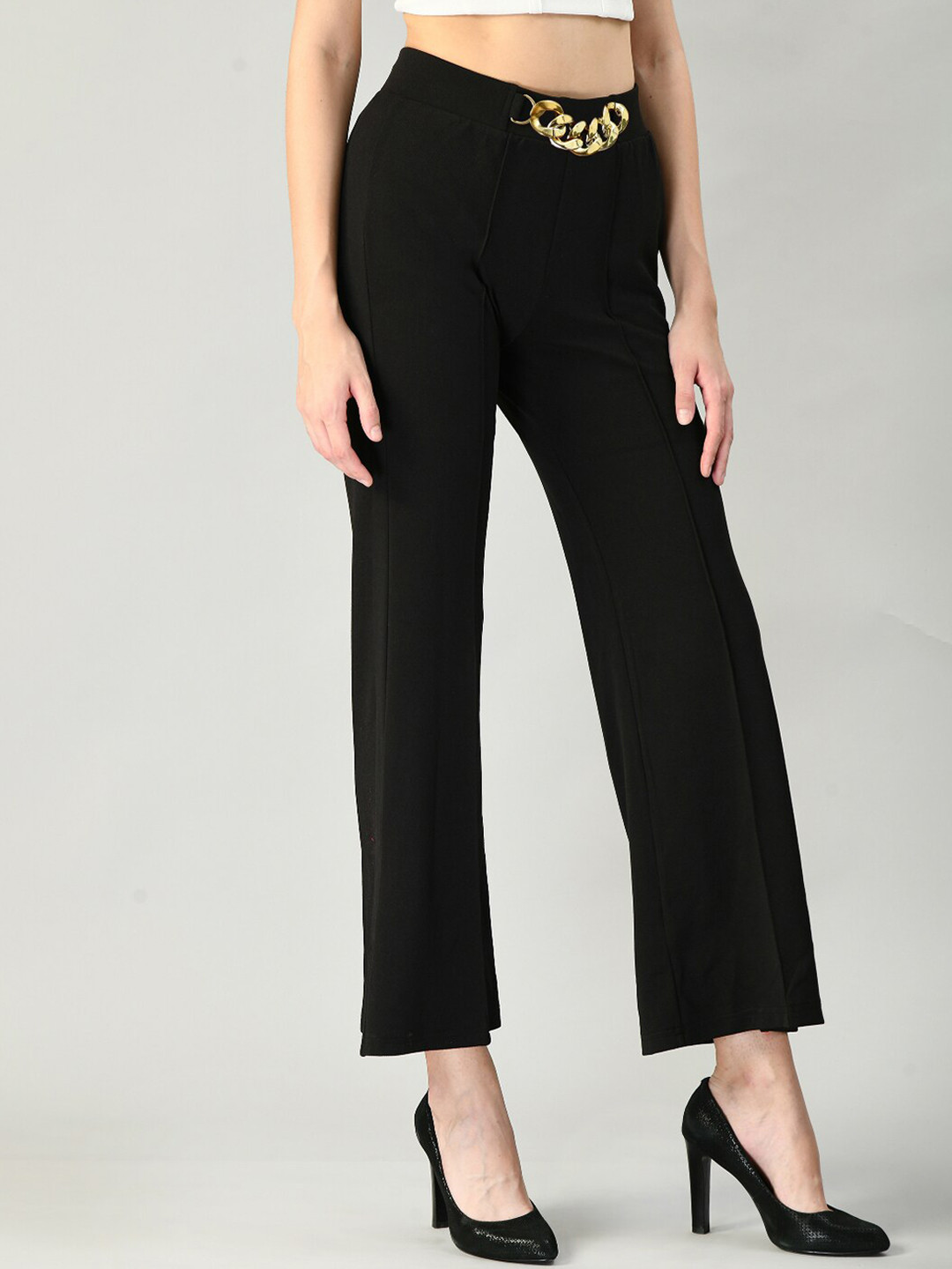 

IUGA Women Black Relaxed Straight Leg High-Rise Trousers