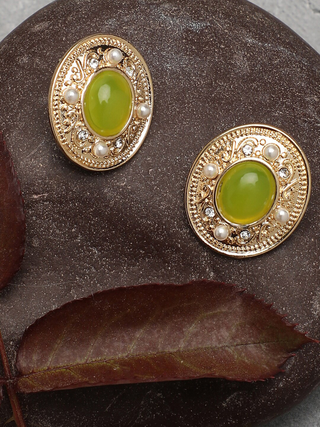 

SOHI Women Gold Plated Green Circular Studs Earrings