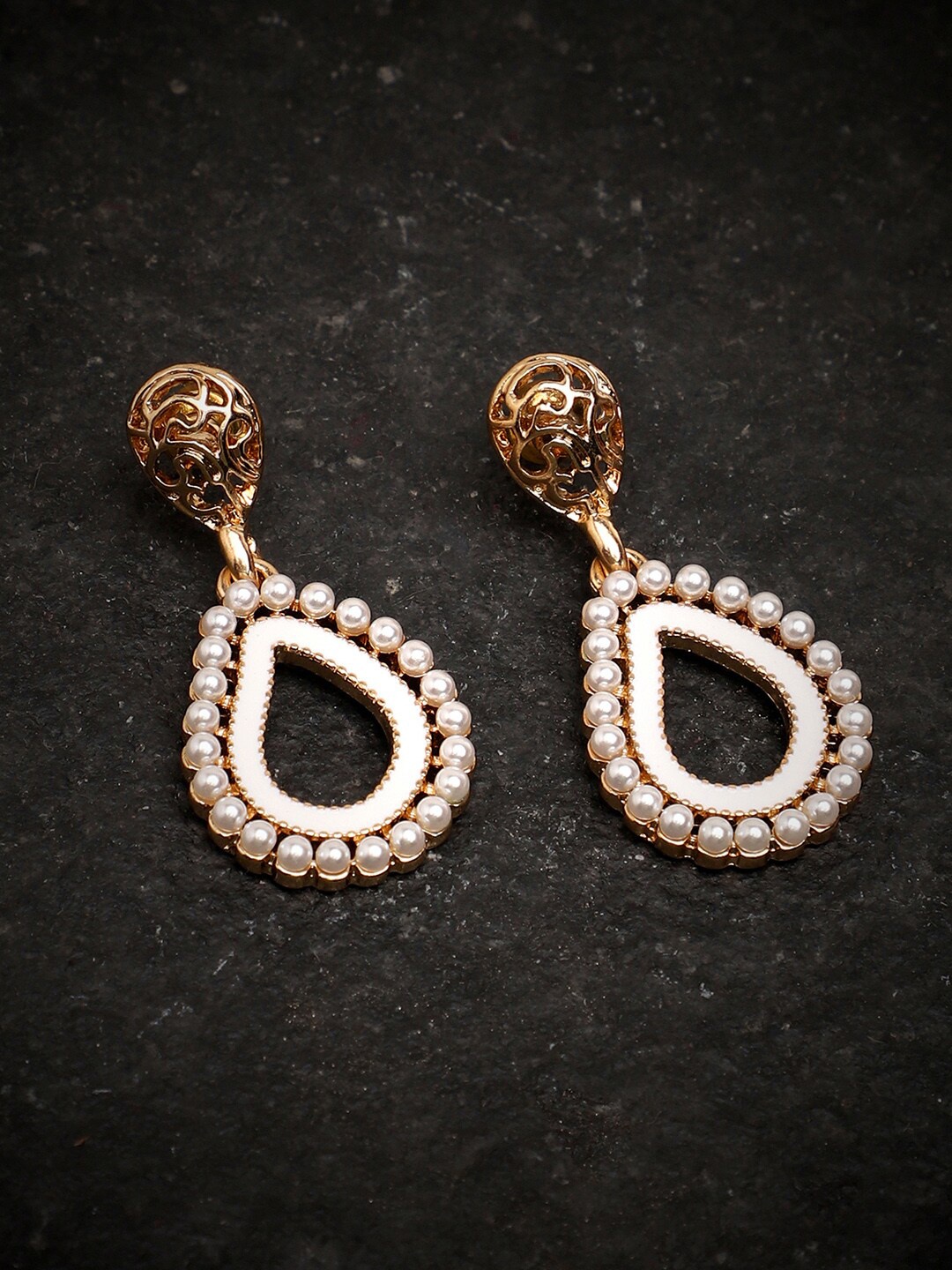 

SOHI White Stone and Pearls Contemporary Drop Earrings