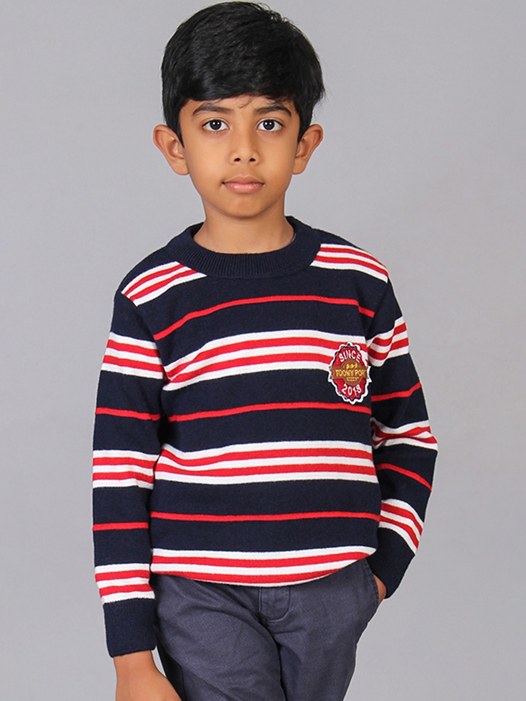 

Toonyport Boys Navy Blue & Red Striped Striped Acrylic Pullover