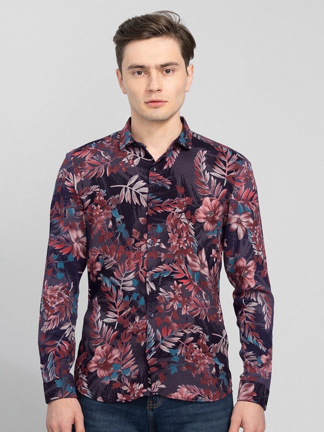 

Snitch Men Navy Blue Slim Fit Floral Printed Casual Shirt