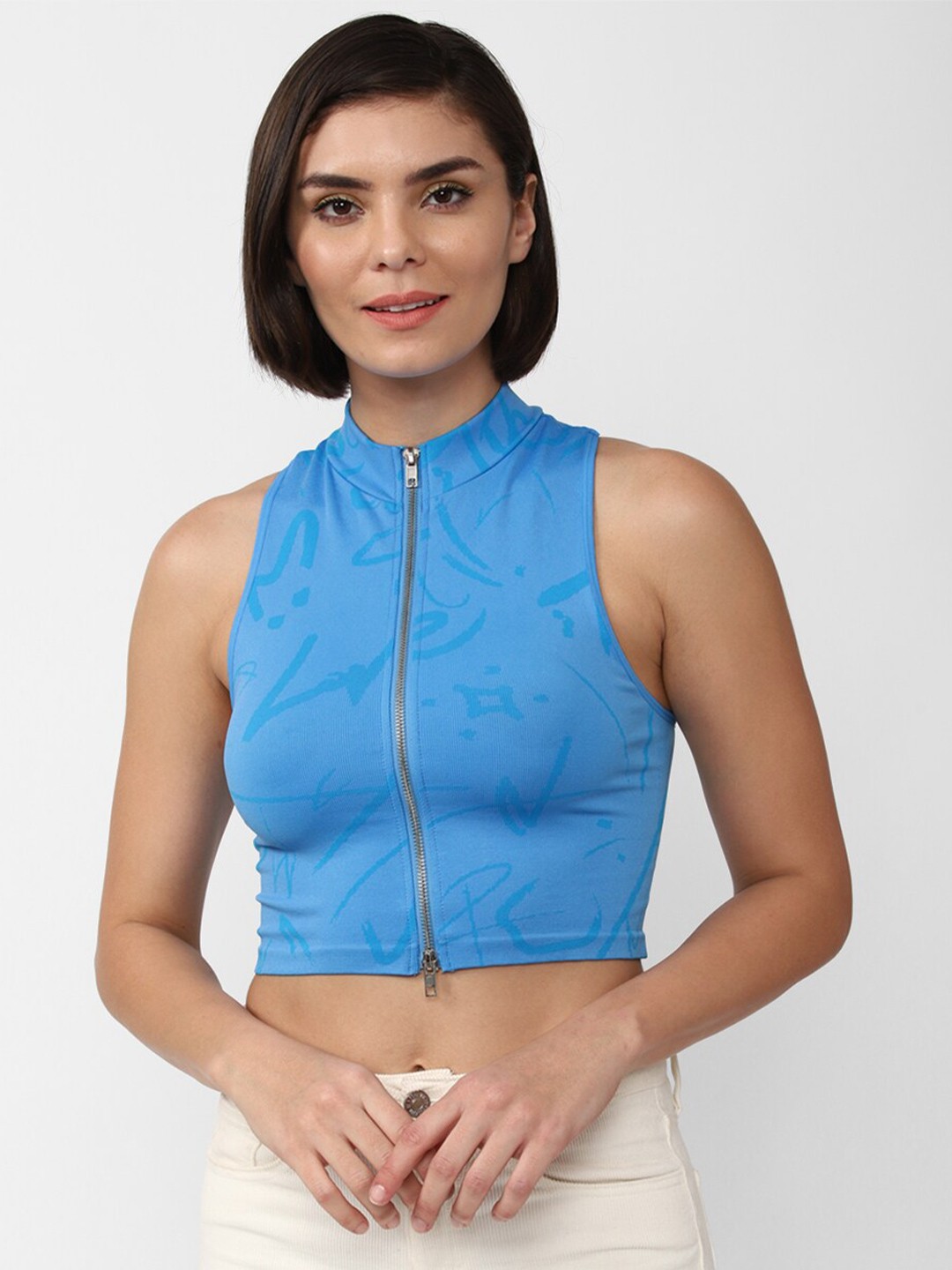 

FOREVER 21 Women Blue Abstract Printed Crop Top