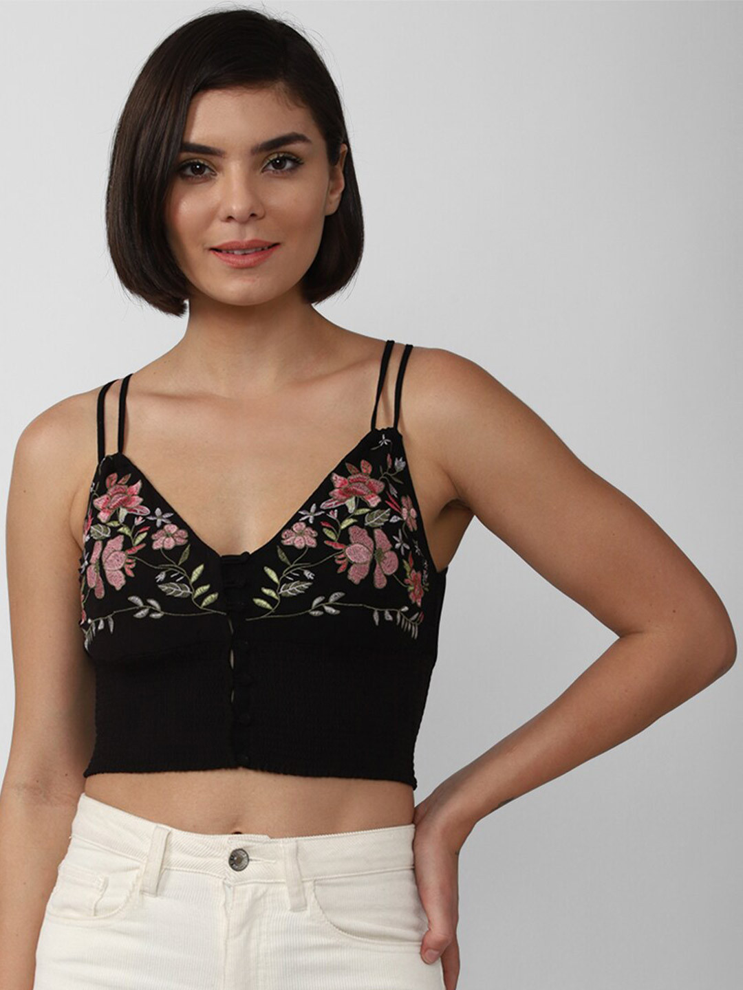 

FOREVER 21 Women Black Floral Embroidered Bralette Crop Top