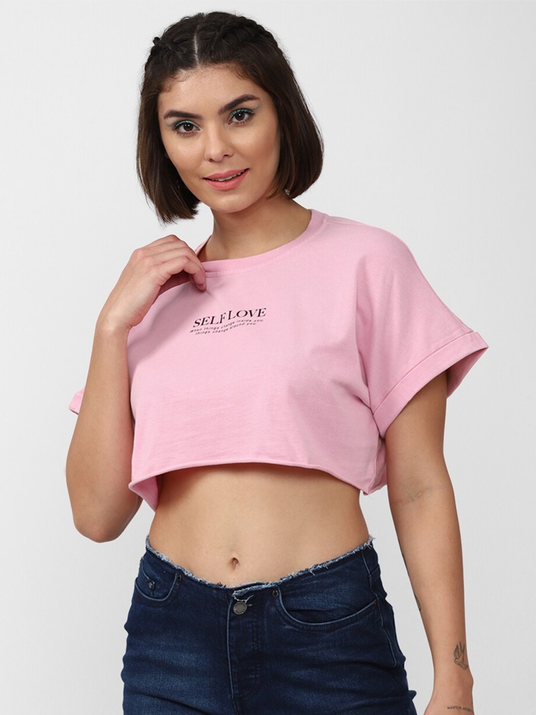 

FOREVER 21 Women Pink Print Crop Top