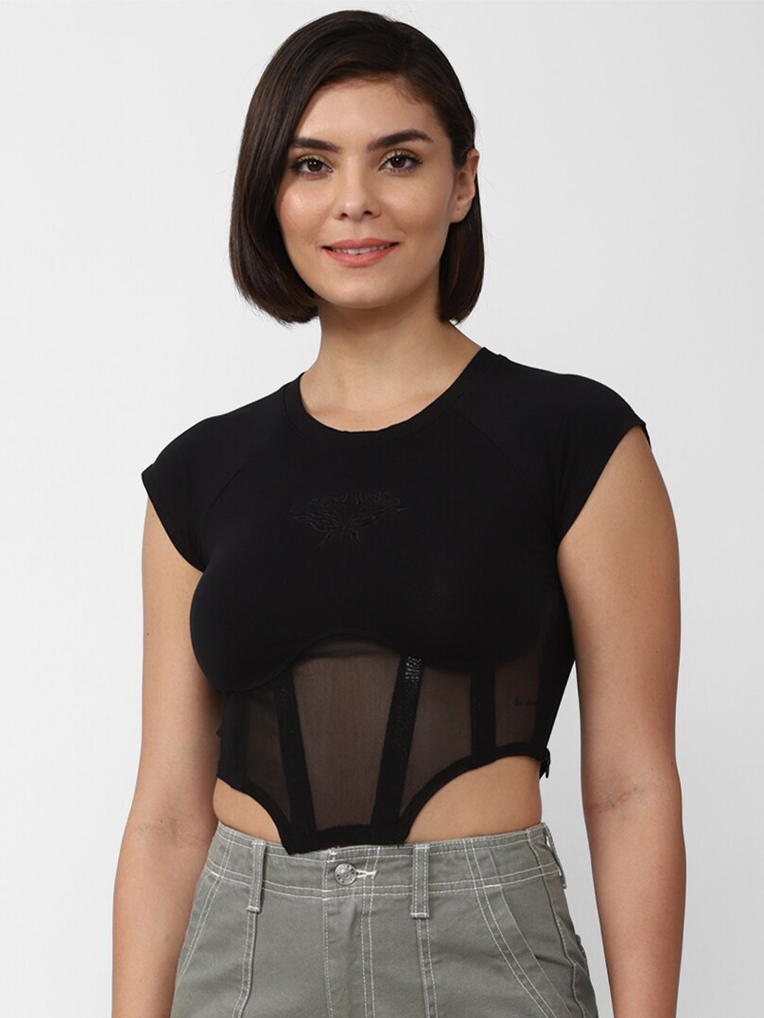 

FOREVER 21 Raglan Sleeves Crop Top, Black