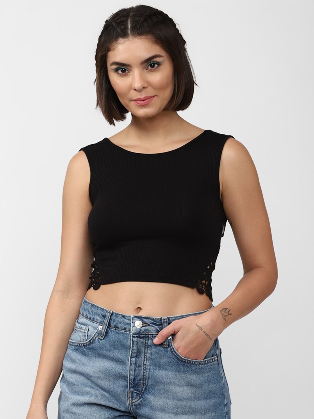 

FOREVER 21 Women Black Lace Inserted Tank Crop Top