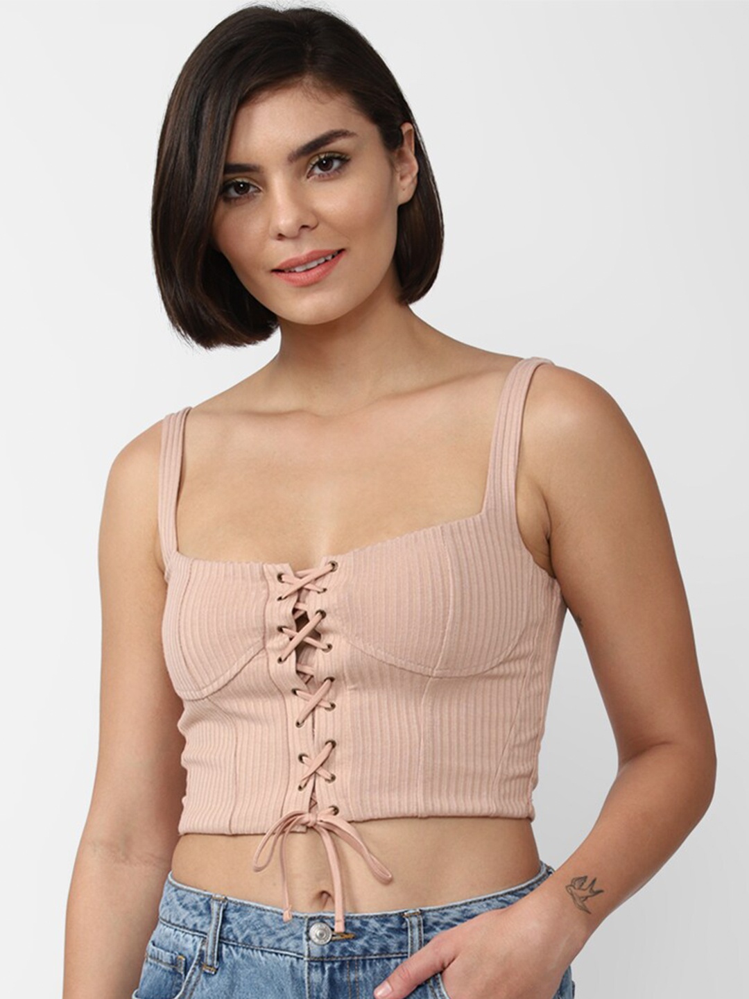 

FOREVER 21 Women Pink Bralette Shoulder Strap Crop Top