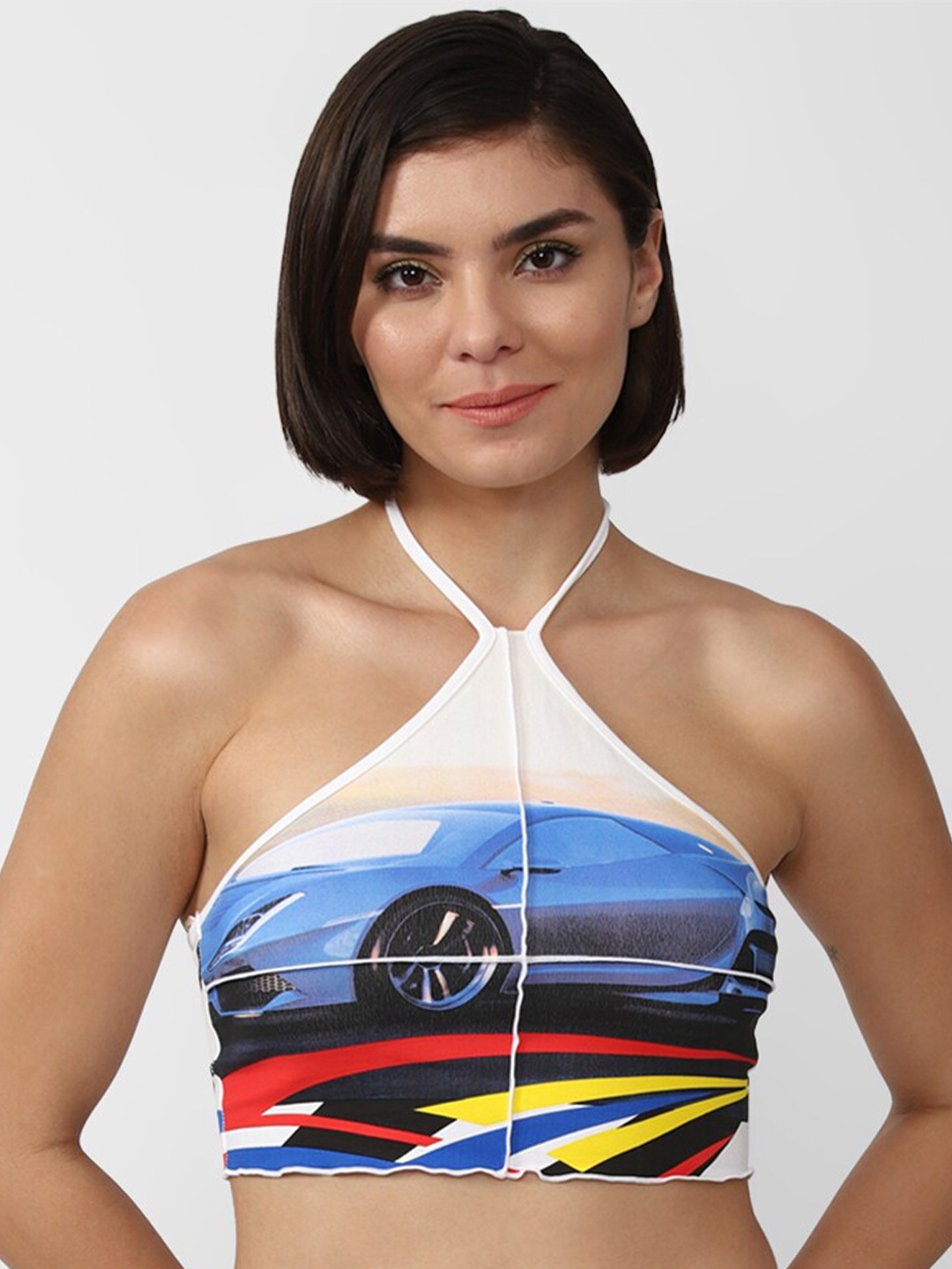 

FOREVER 21 Multicoloured Print Halter Neck Bralette Crop Top, Multi