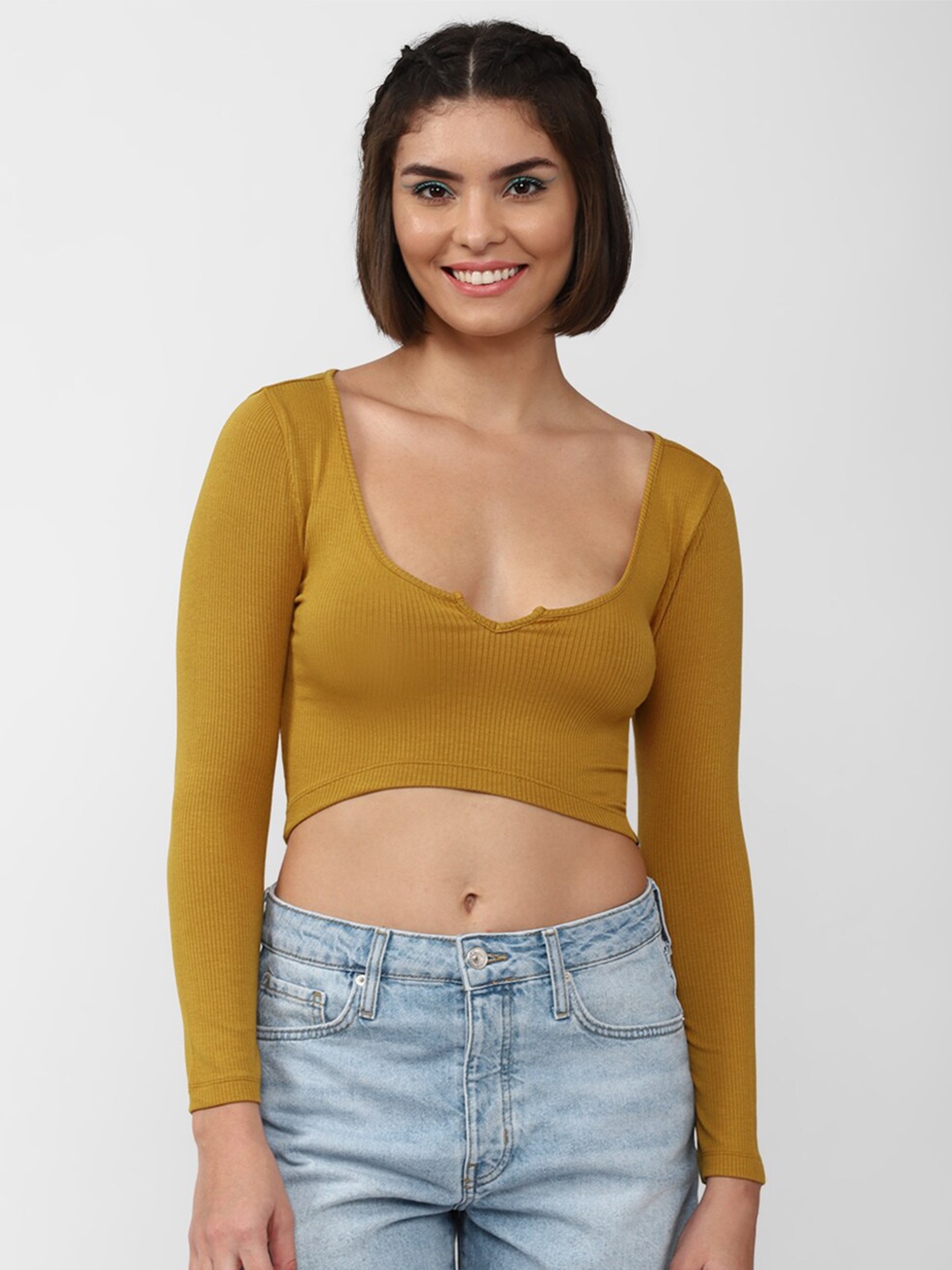 

FOREVER 21 Women Mustard Yellow Scoop Neck Long Sleeves Crop Top