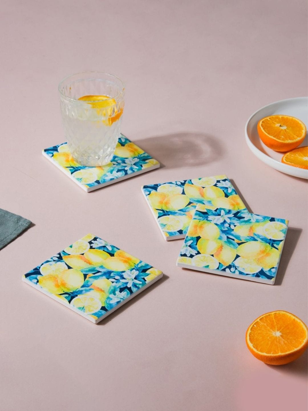 

Nestasia Set Of 4 Blue Lemon Printed Ceramic Square Coasters