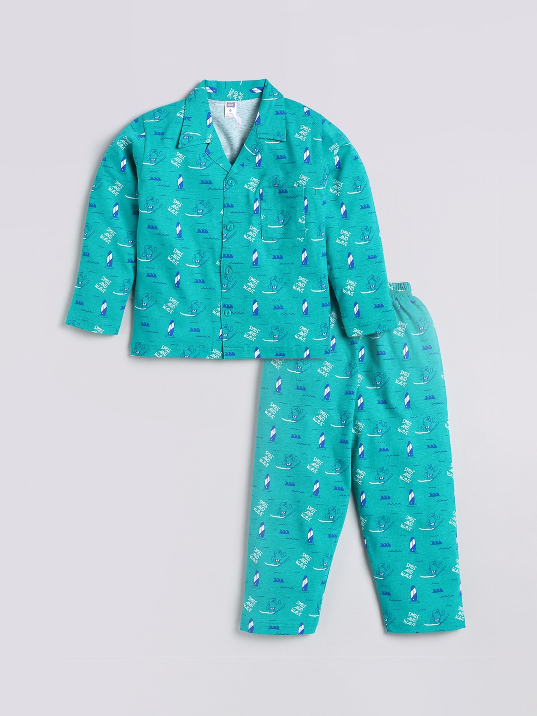 

Nottie Planet Boys Green & White Printed Night suit
