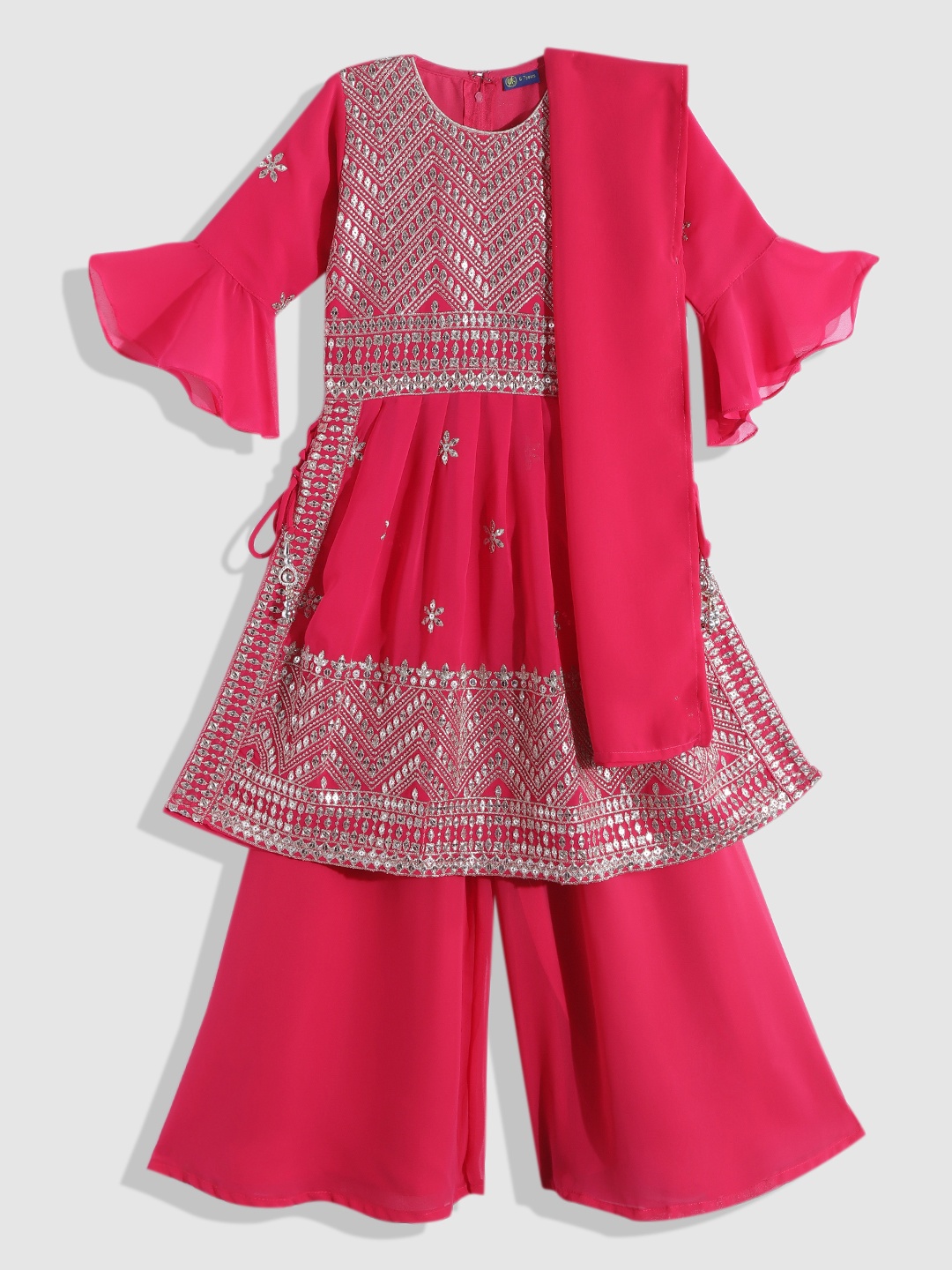 

YK Girls Fuchsia Embroidered Pleated Sequinned Kurta with Palazzos & With Dupatta