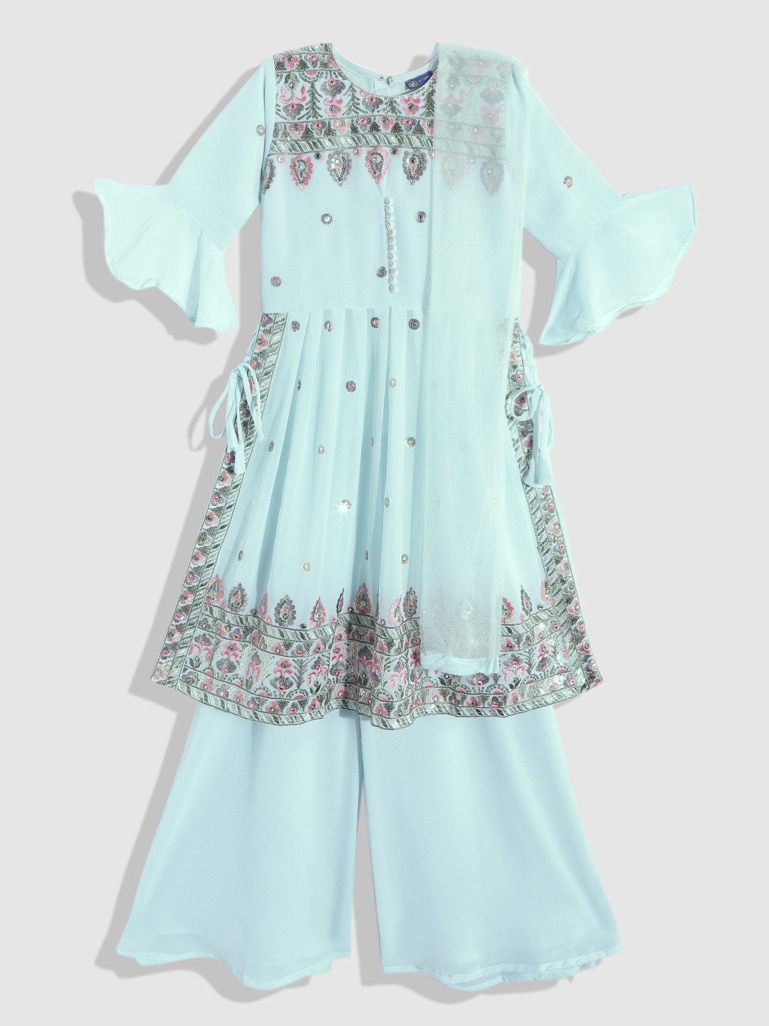 

YK Girls Blue Embroidered Pleated Sequinned Kurta with Palazzos & With Dupatta