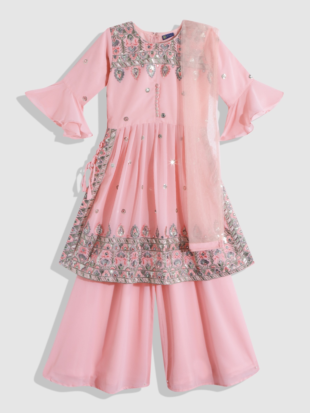 

YK Girls Pink Embroidered Pleated Sequinned Kurta with Palazzos & With Dupatta