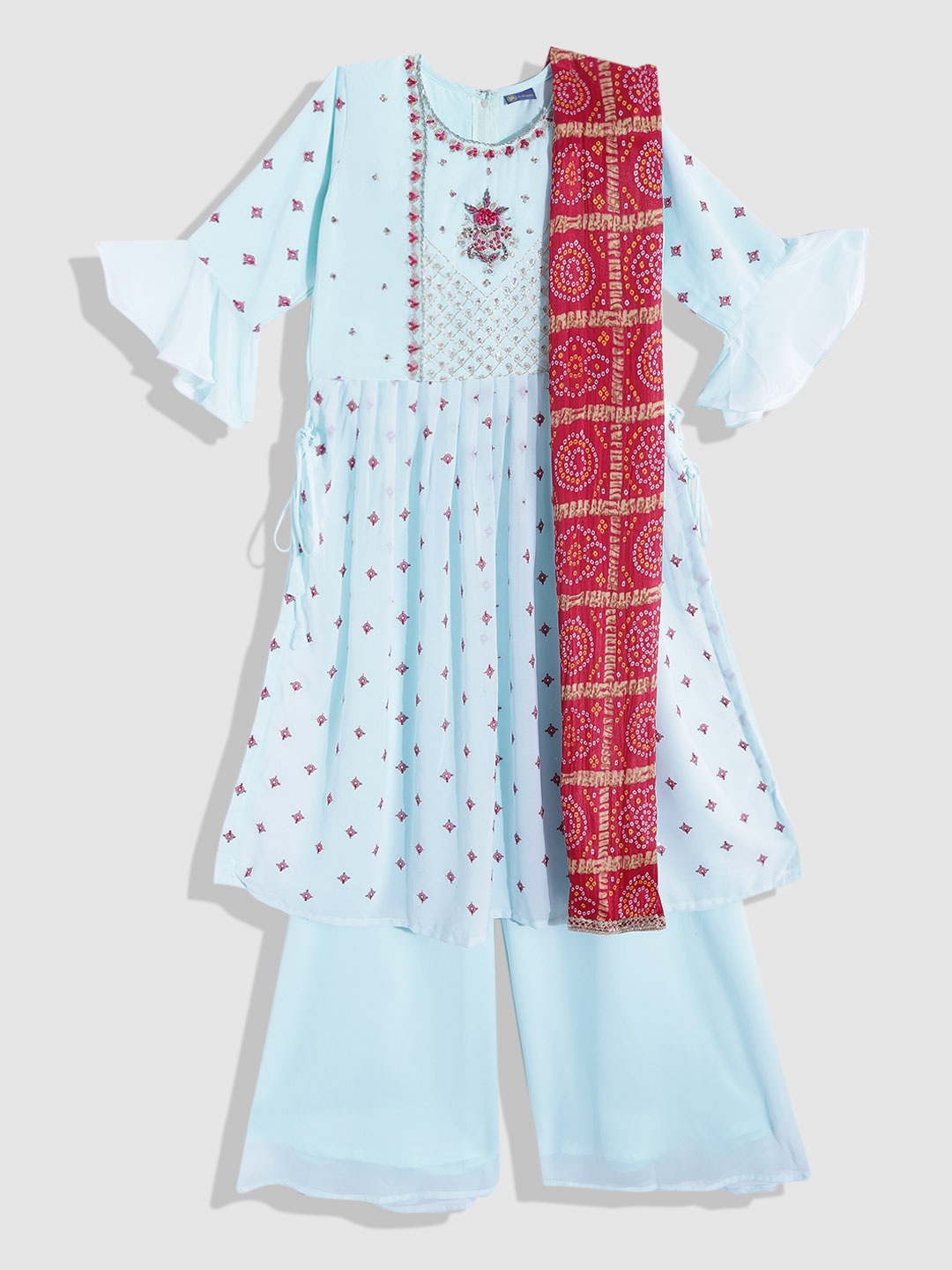 

YK Girls Blue Embroidered Pleated Sequinned Kurta with Palazzos & With Dupatta