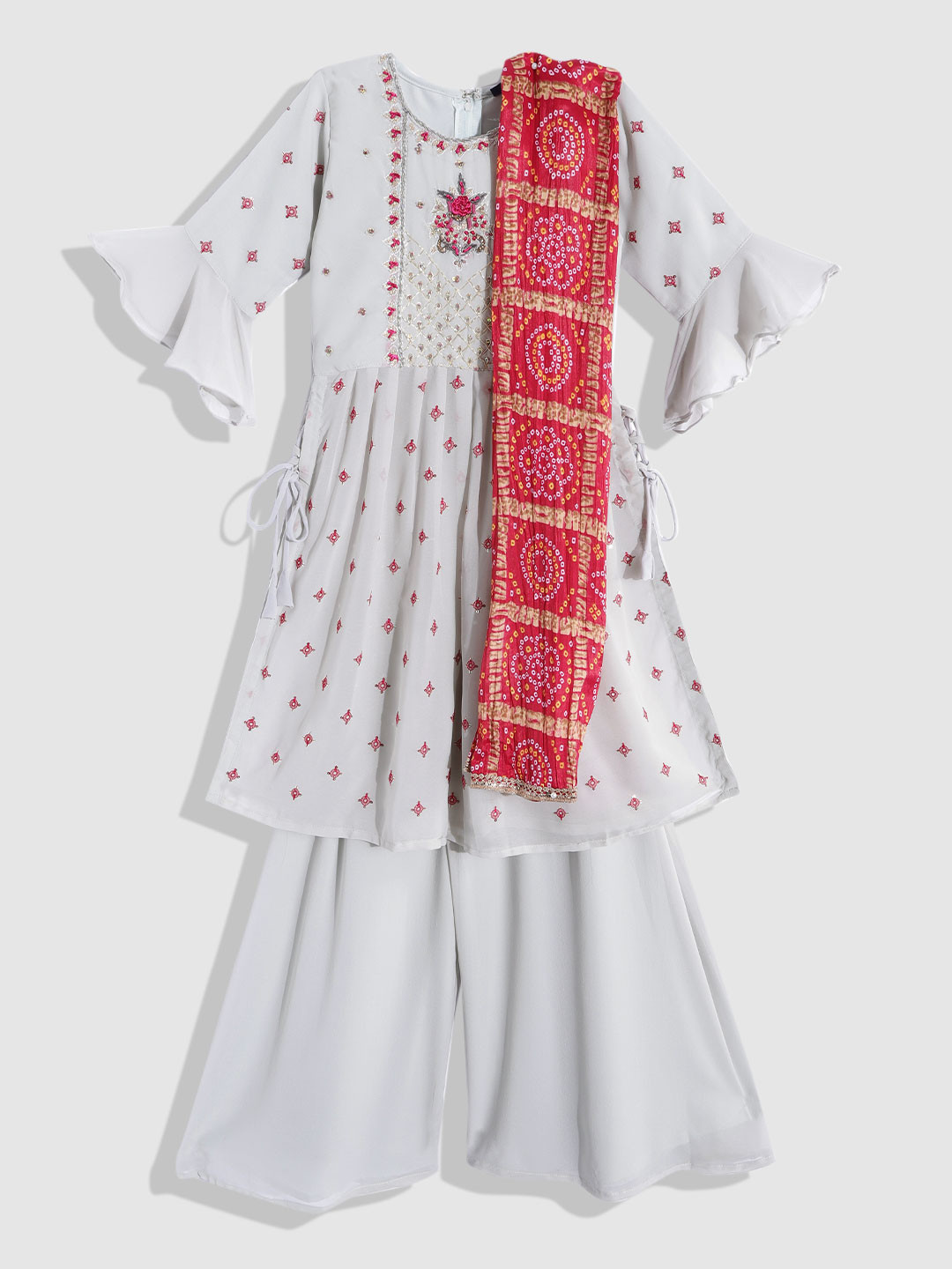 

YK Girls Grey Embroidered Pleated Sequinned Kurta with Palazzos & With Dupatta