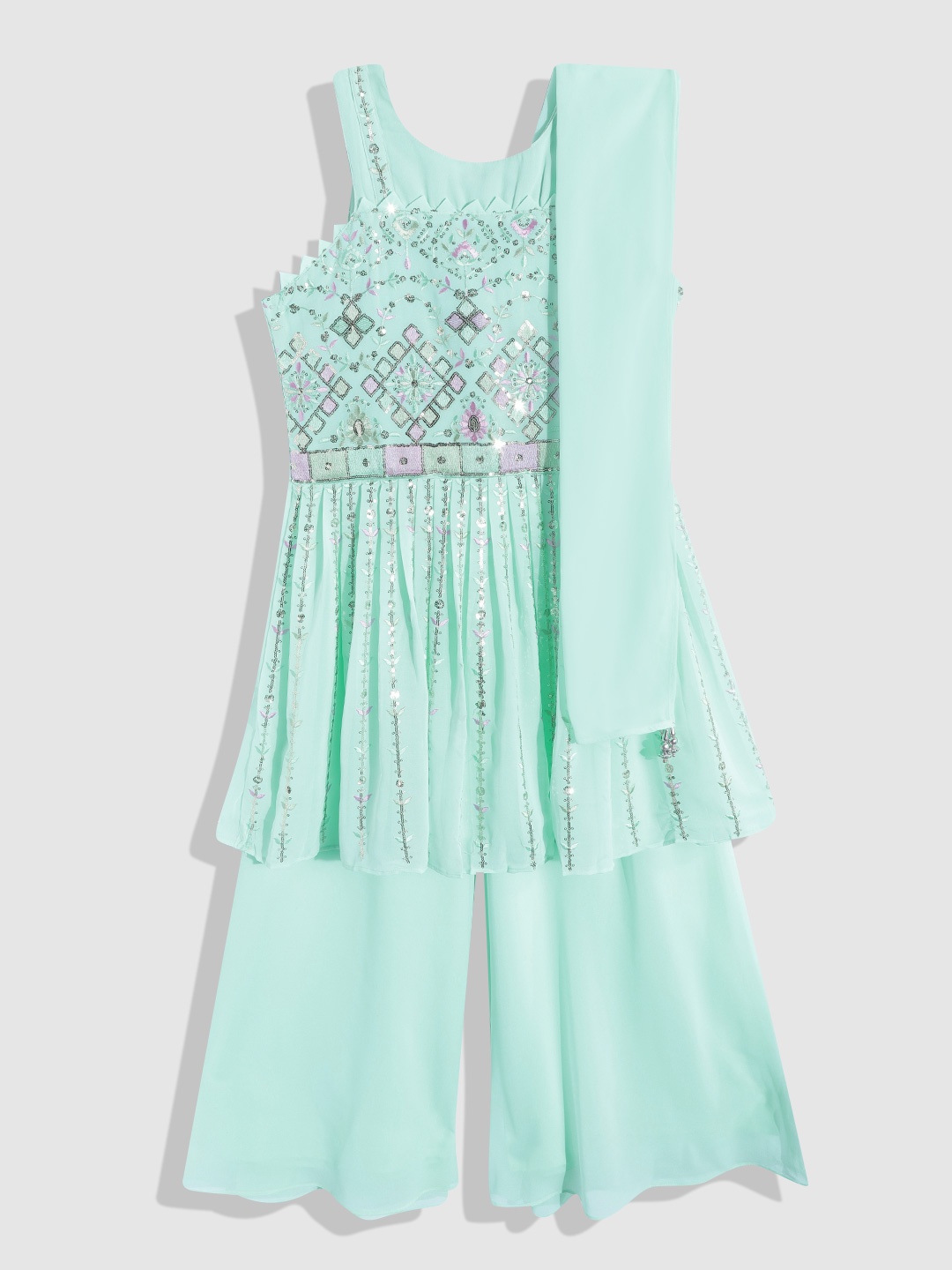 

YK Girls Sea Green Embroidered Pleated Sequinned Kurta with Palazzos & With Dupatta