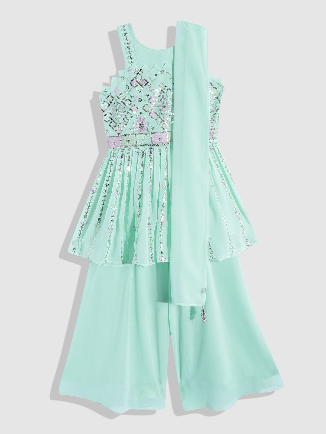 

YK Girls Sea Green Embroidered Pleated Sequinned Kurta with Palazzos & With Dupatta