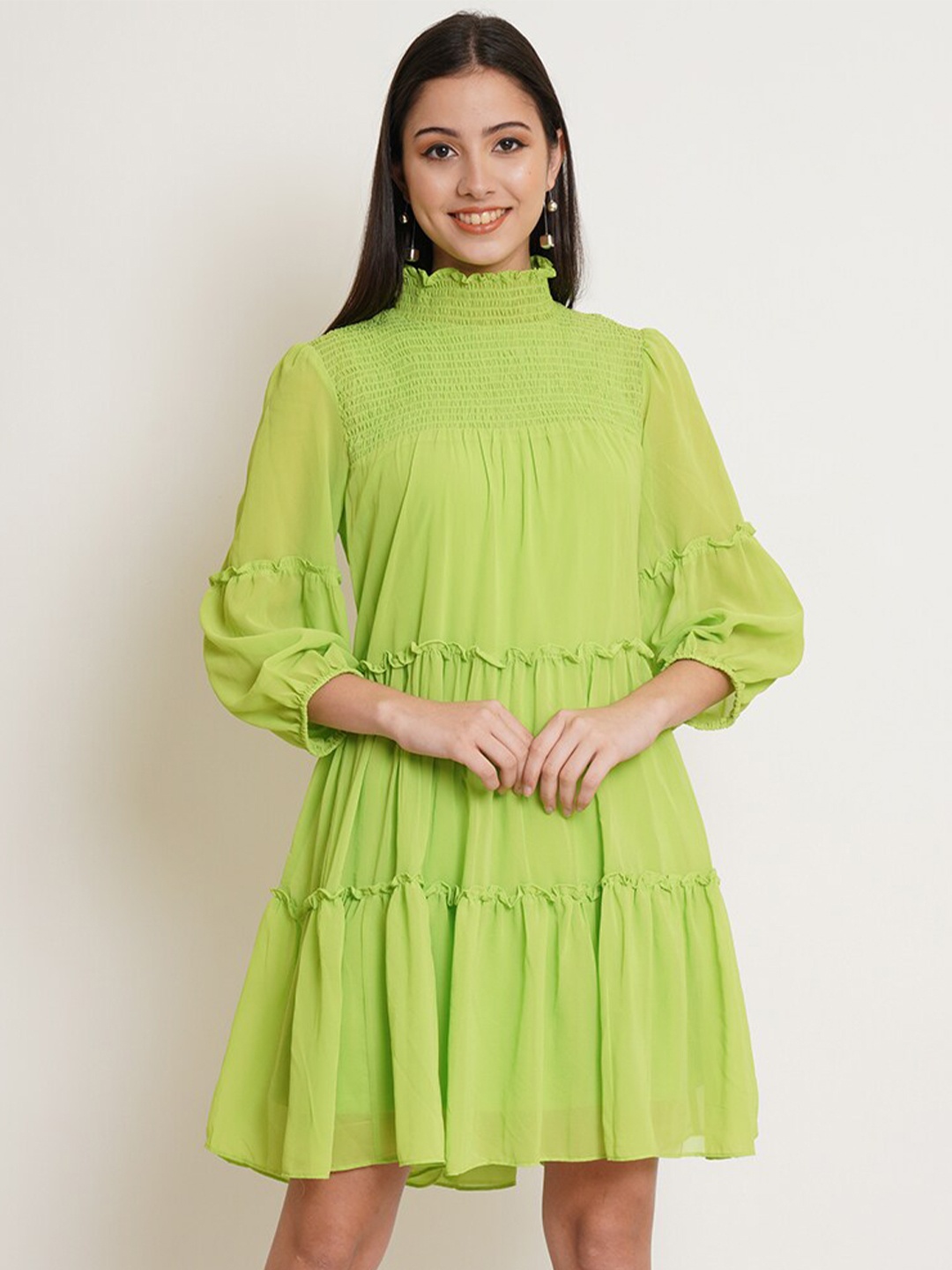 

IX IMPRESSION Lime Green Solid A-Line Dress