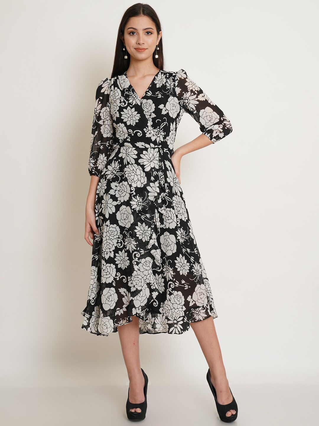 

IX IMPRESSION Women Black & White Floral Midi Dress