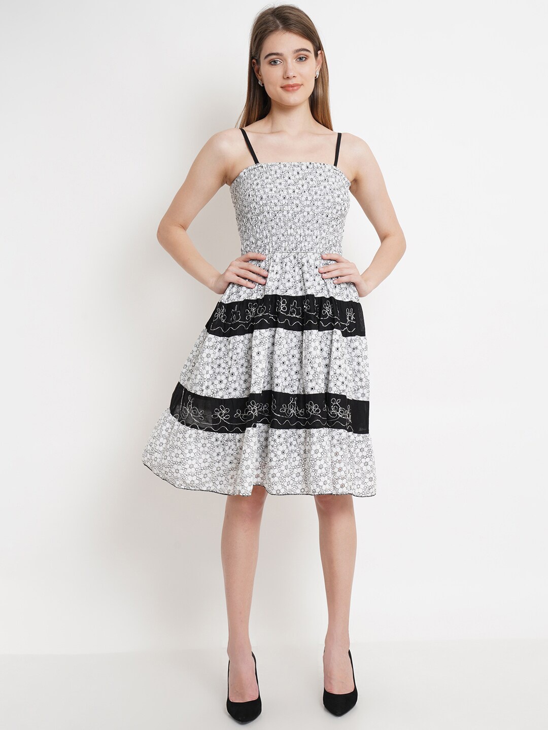 

IX IMPRESSION Women Black and White Floral Shoulder Strap Smocked Dress