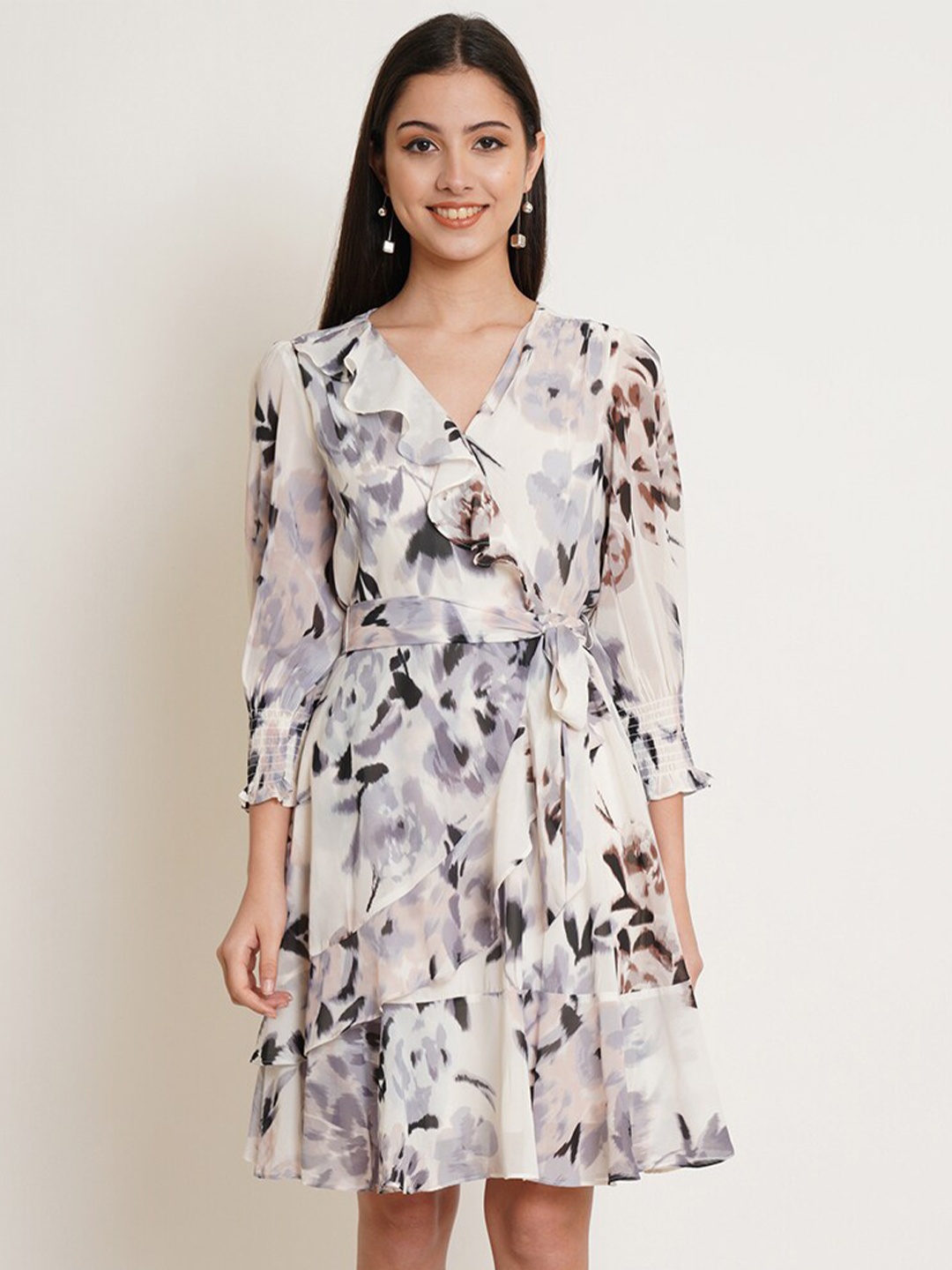 

IX IMPRESSION Women White & Black Floral Printed V-Neck Wrap Dress