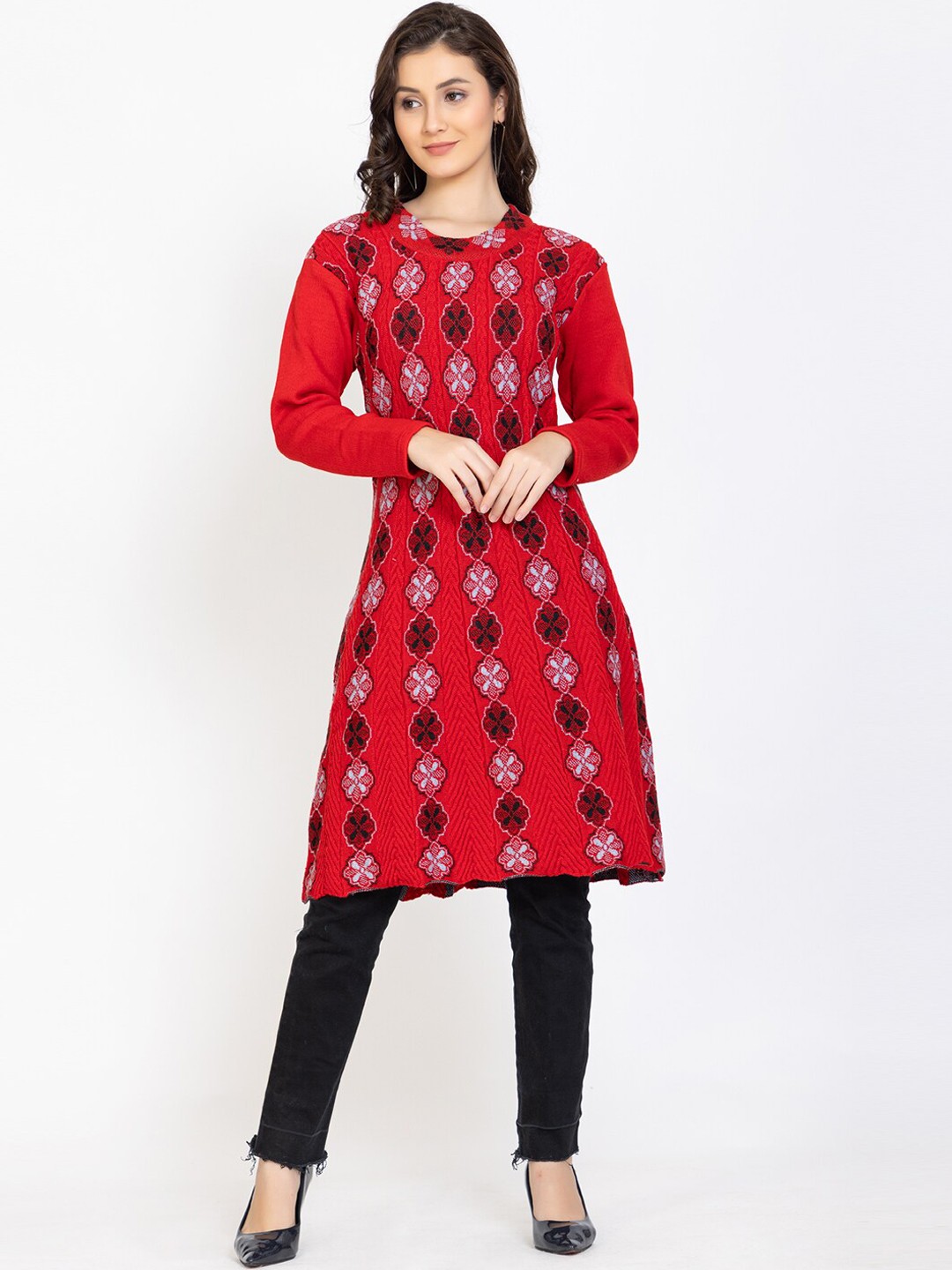 

TYSORT Geometric Woolen Kurta, Red