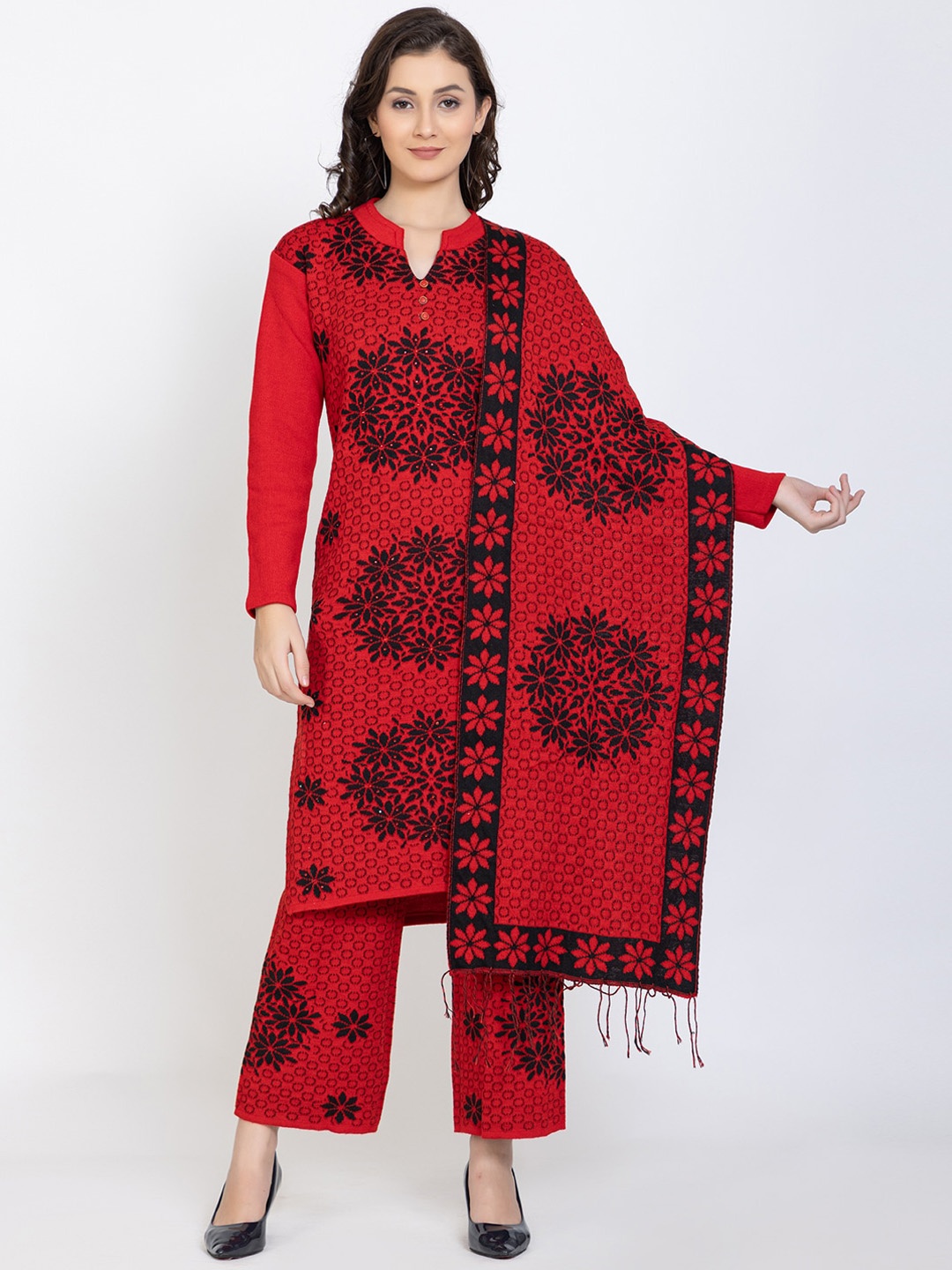 

TYSORT Madarian Neck Embroidery Woolen Kurta With Palazzos & Dupatta Set, Red