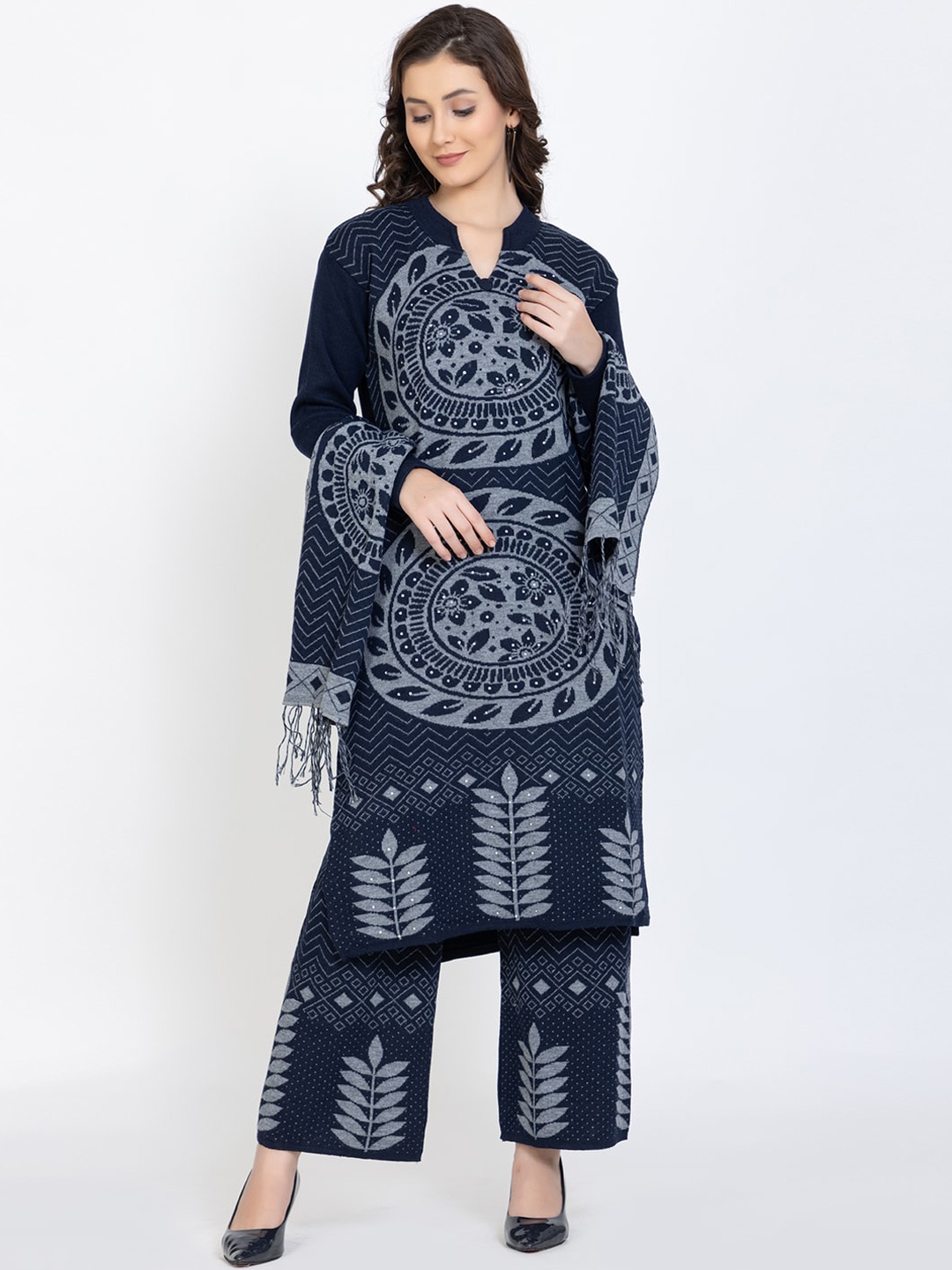 

TYSORT Women Ethnic Motifs Woolen Kurta with Palazzos & Dupatta, Navy blue
