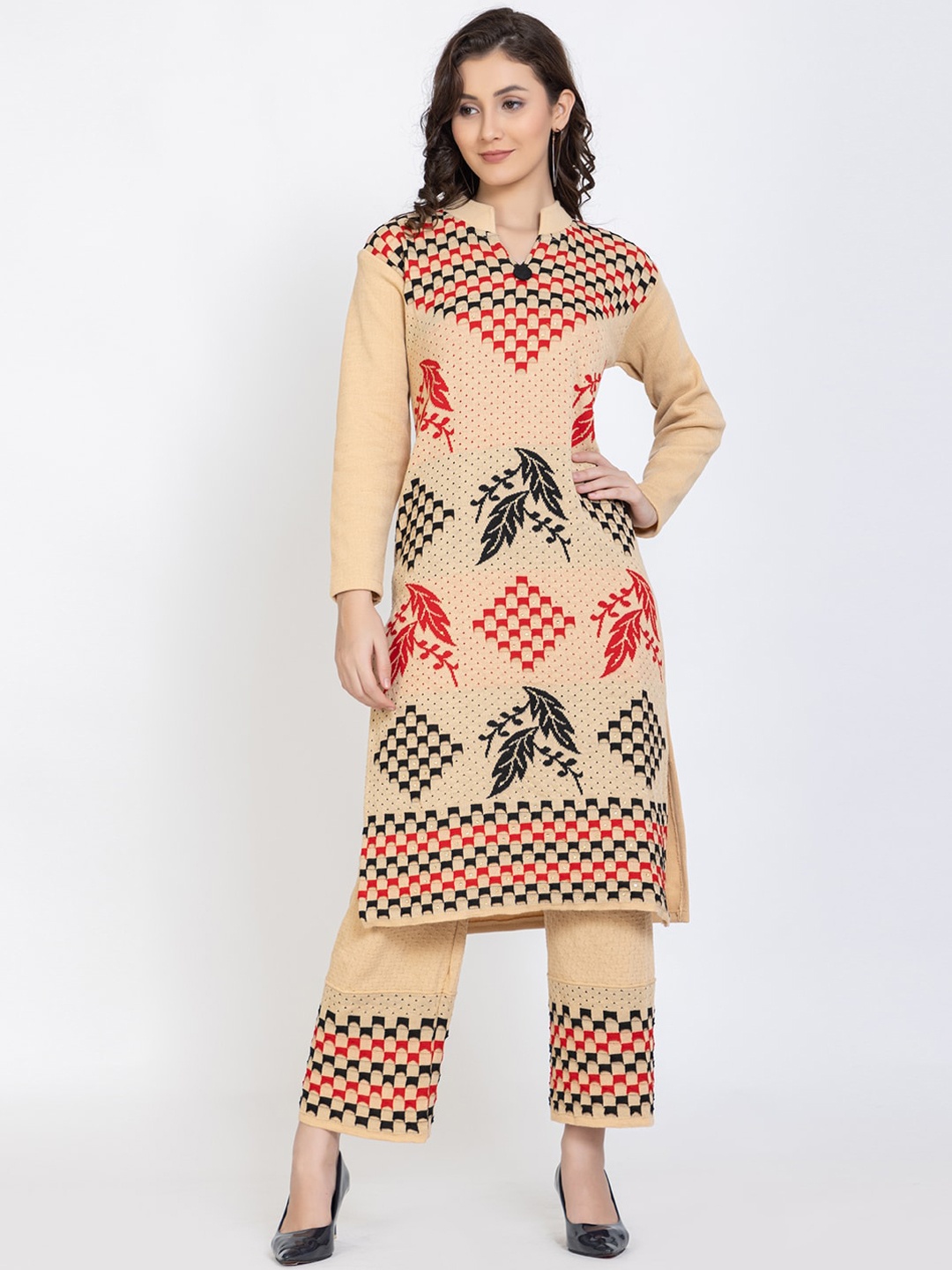 

TYSORT Floral Embroidered Woolen Kurta with Palazzo, Beige