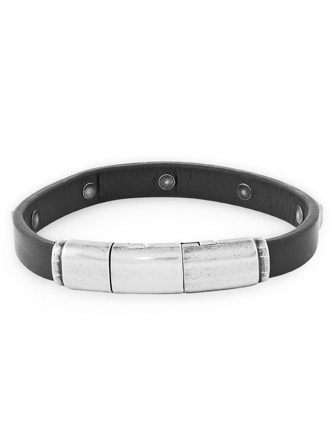 

Police Men Black & Silver-Toned Leather Bangle-Style Bracelet